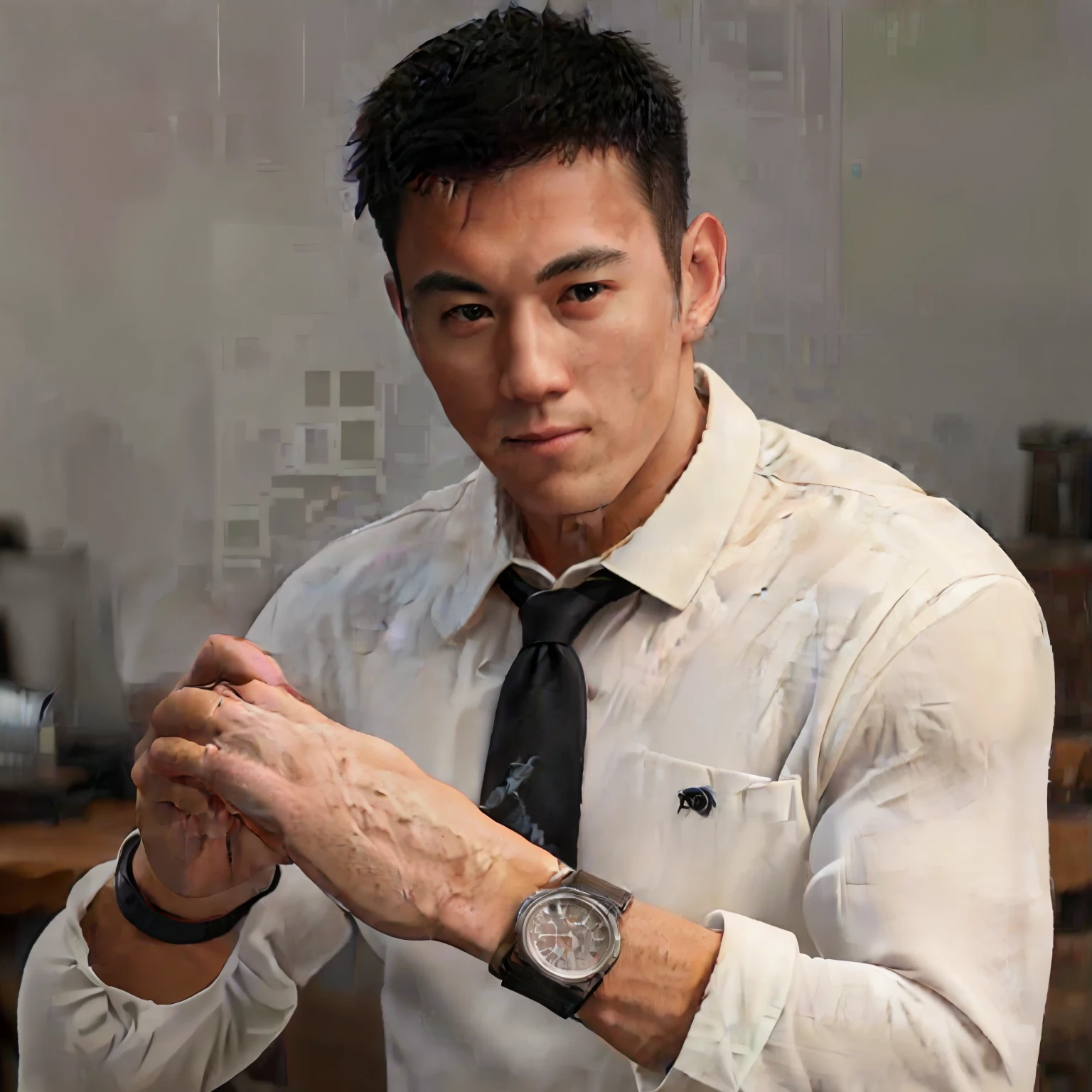 1man,
a 30 y.o muscular male wearing long-sleeve white shirt and tie, with a watch, upper body,
in camera studio with 3 flash, soft lighting,
masterpiece, best quality, 8k uhd, dslr, film grain, Fujifilm XT3 photorealistic painting art by midjourney and greg rutkowski