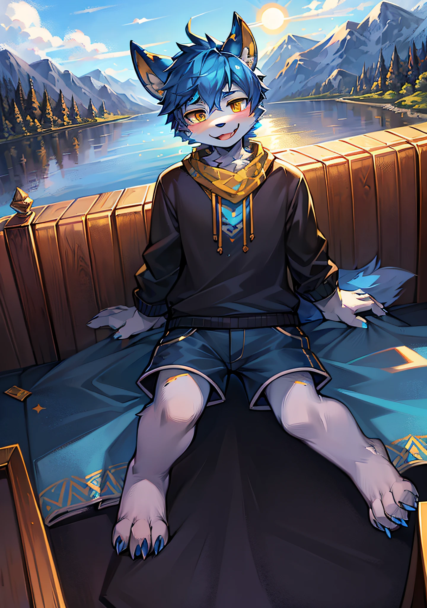 Bright eyes, panorama, character focus. (Detailed background: 0.7), Solo, Furry, Furry Male, Male Focus,, Full Body Fur, Fluffy Tail, Bright Eyes, Panorama, With Dragon Horns, Blue Eyes on the Left, Yellow Eyes on the Right, Fish-patterned Ears, Short Hair, Blue Hair, Headphones, , Furry, Wolf Ears, Open Mouth, Bad Smile, Blue Fur, Blue Fur, Dragon Horns, Wolf Ears, Wolf Type, Big Fluffy Tail, Masterpiece, In the Prairie, Sun, High Quality Portrait, Humanoid, Teen, Beard, Sky Blue Sweatshirt, Gray Shorts, yellow scarf, upper body, with dragon horns