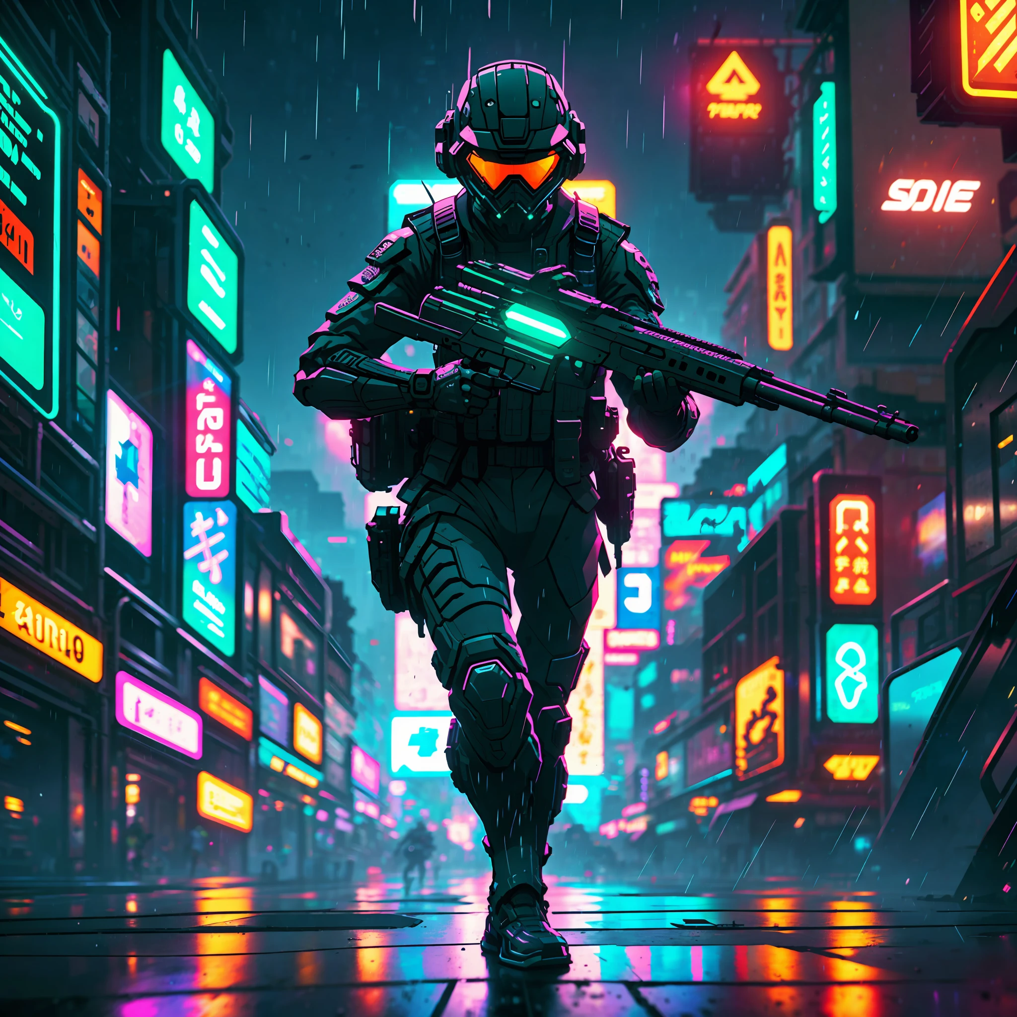 a futuristic soldier with a rifle running in a neon cityscape, pounding rain, cinematic --auto --s2