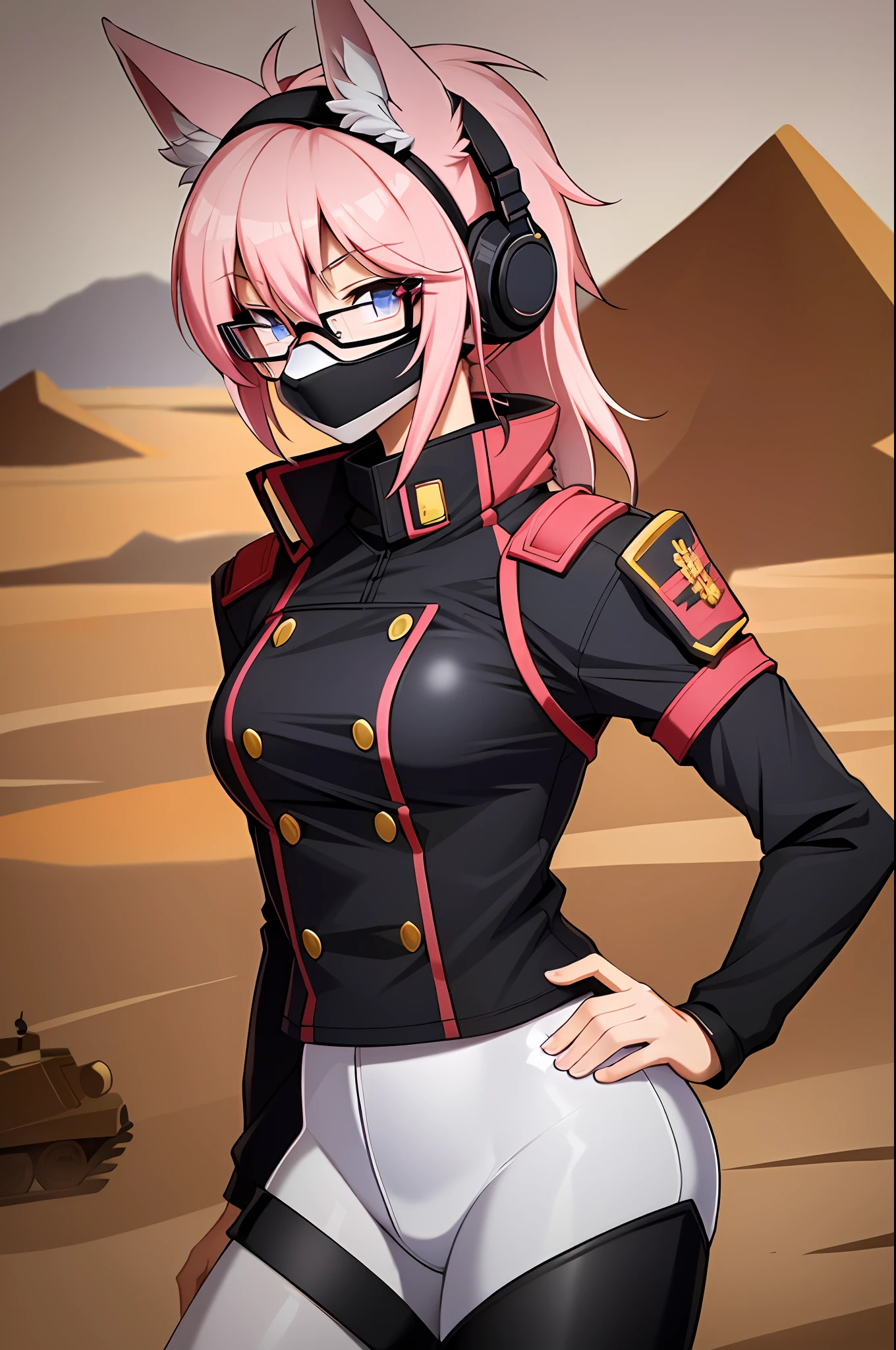 ((masterpiece, best quality)), (anthro furry:1.3, muzzle:1.2, anthro:1.3, furry:1.2, closeup:1.2, female solo:1.2, (wearing russian military coat) military pants, wearing glasses, fox spiraled in the colors of funtime foxy,five nights at freddy,white skin pink details, pink eyes, sexy position, desert ambient place,tank blimdado behind
