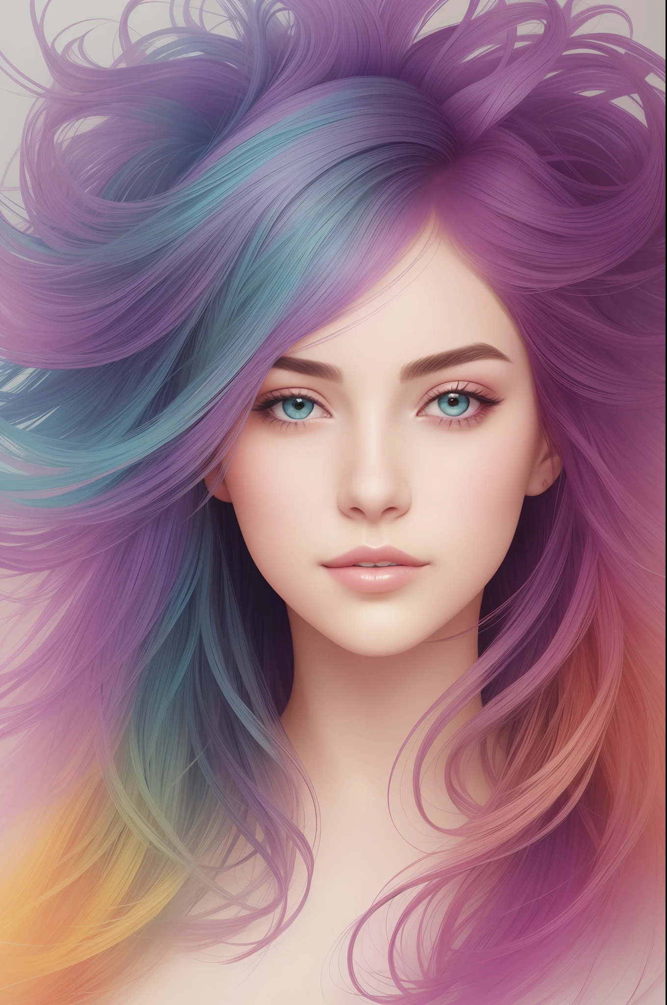 Beautiful powerful and confident woman, colorful: portrayed with strong and expressive features, conveying determination and self-confidence, messy hair, the illustration highlights her facial details, such as expressive eyes and slightly curved lips in a confident smile. She is wearing modern and stylish clothes, reflecting her unique style. oil painting, perfect face with soft skin and perfect face, blue yellow colors, light purple and violet additions, light red additions, intricate details, home screen, 8k resolution, masterpiece, beautiful face, artstation soft digital painting black ink flow: 8k resolution photorealistic masterpiece: intricately detailed fluid gouache painting: by Jean Baptiste Mongue:  Calligraphy: Acrylic: Watercolor art, professional photography, natural lighting, volumetric lighting Maximalist photoillustration: by Marton Bobzert: , complex, elegant, expansive, fantastic, wavy hair, vibrant