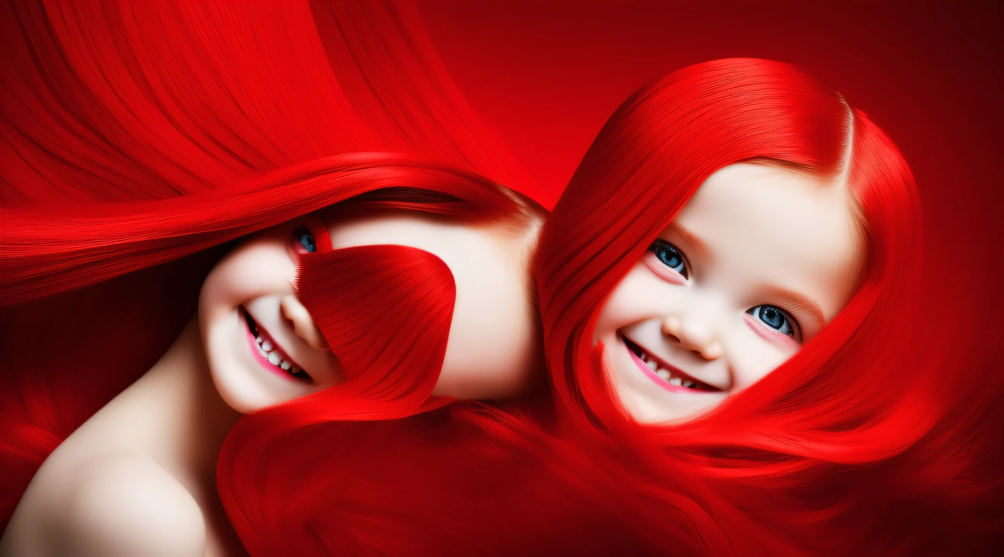 A red vinyl record with face of a blonde child girl long hair, with red mist and a huge smile, FFFF, with red mist, alternative album cover, new album cover, promotional art, human face with bright red yes, unknown, monochrome and red bleed color, soft vinyl, ello
