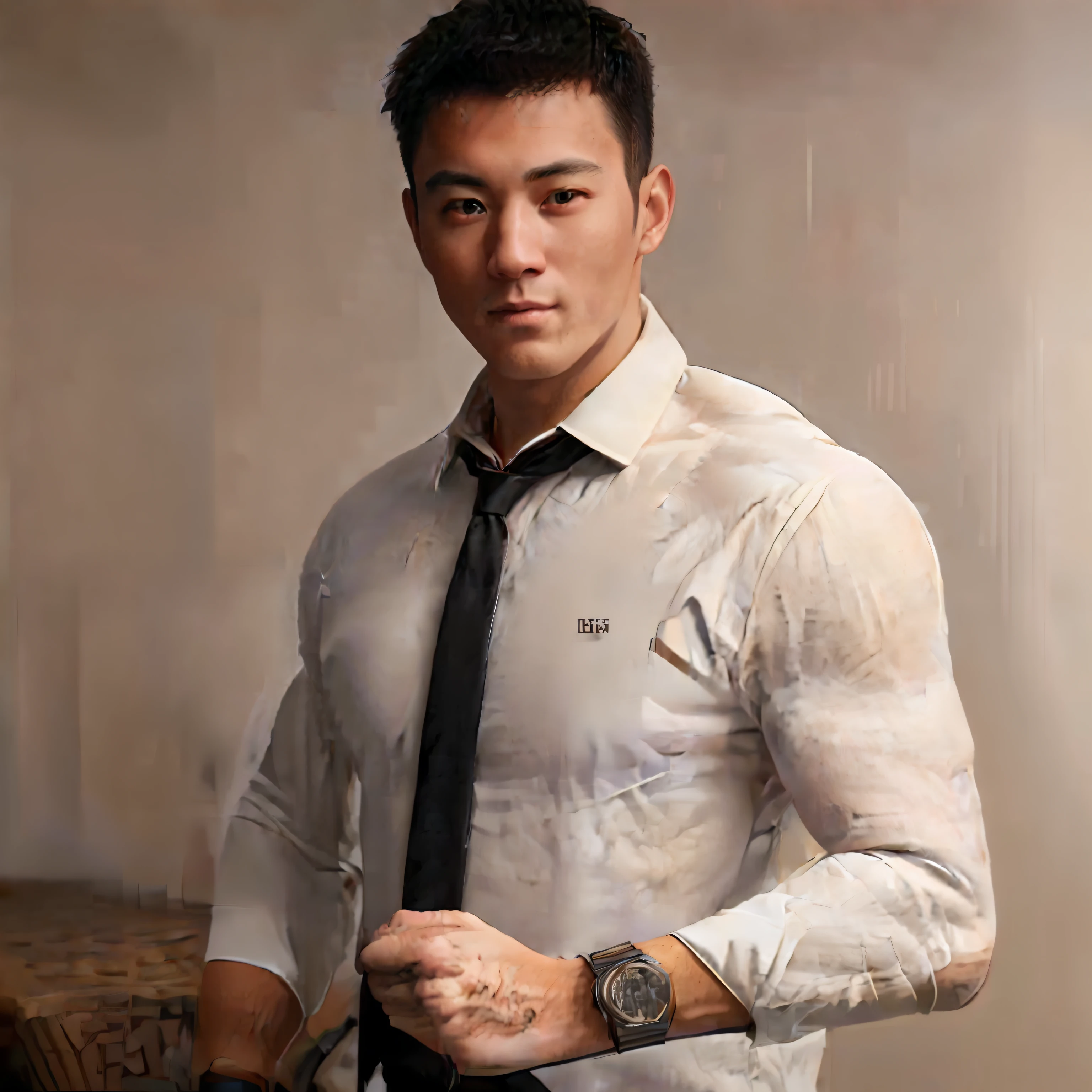 1man,
a 30 y.o muscular male wearing long-sleeve white shirt and tie, with a watch, upper body,
in camera studio with 3 flash, soft lighting,
masterpiece, best quality, 8k uhd, dslr, film grain, Fujifilm XT3 photorealistic painting art by midjourney and greg rutkowski