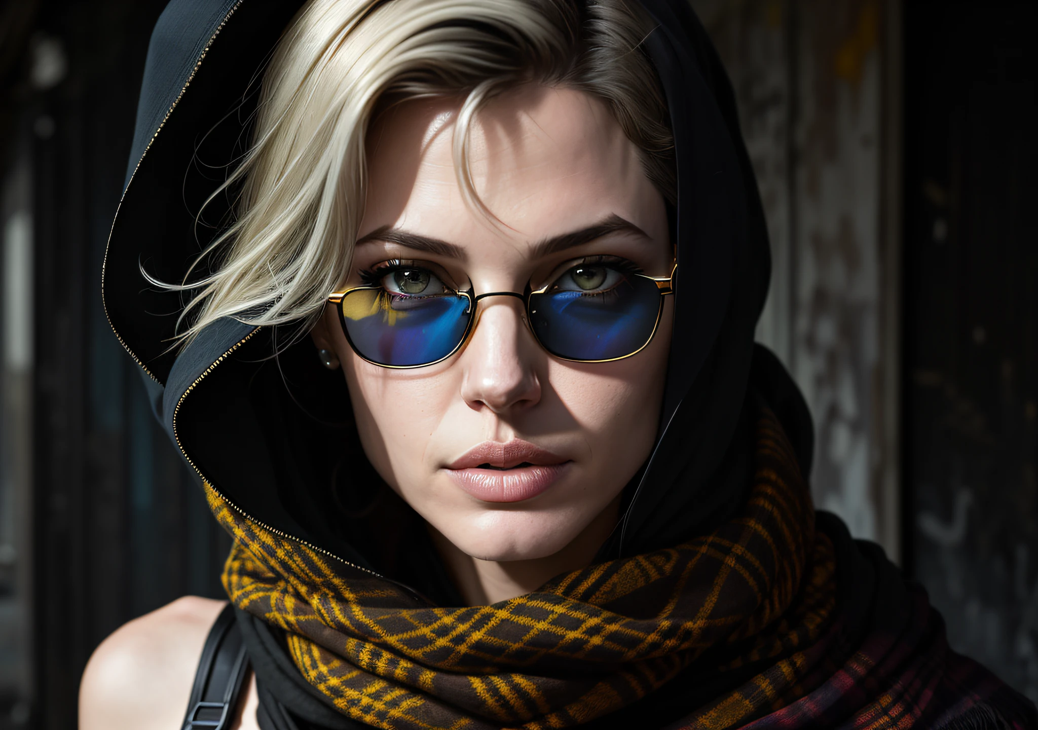Angelina Jolie Dark photo: With her body covered, sitting next to an old house, realistic epic, halo portrait, sunglasses, blue eyes, plaid scarf, white hair by Atey Ghailan, by Greg Rutkowski, by Greg Tocchini, by James Gilleard, by Joe Fenton, by Kaethe Butcher, yellow gradient, black, brown and magenta color scheme, grunge aesthetics!!! Graffiti brand wall background, art by Greg Rutkowski and Artgerm, soft cinematic light, Adobe Lightroom, Photo Lab, HDR, intricate, highly detailed, (depth of field: 1.4), faded, (neutral colors: 1.2), (HDR: 1.4), (soft colors:1.2), hyperdetailed, (Artstation:1.4), cinematic, warm lights, dramatic light, (intricate details:1.1), complex background, (Rutkowski:0.66), (blue and orange:0.4)