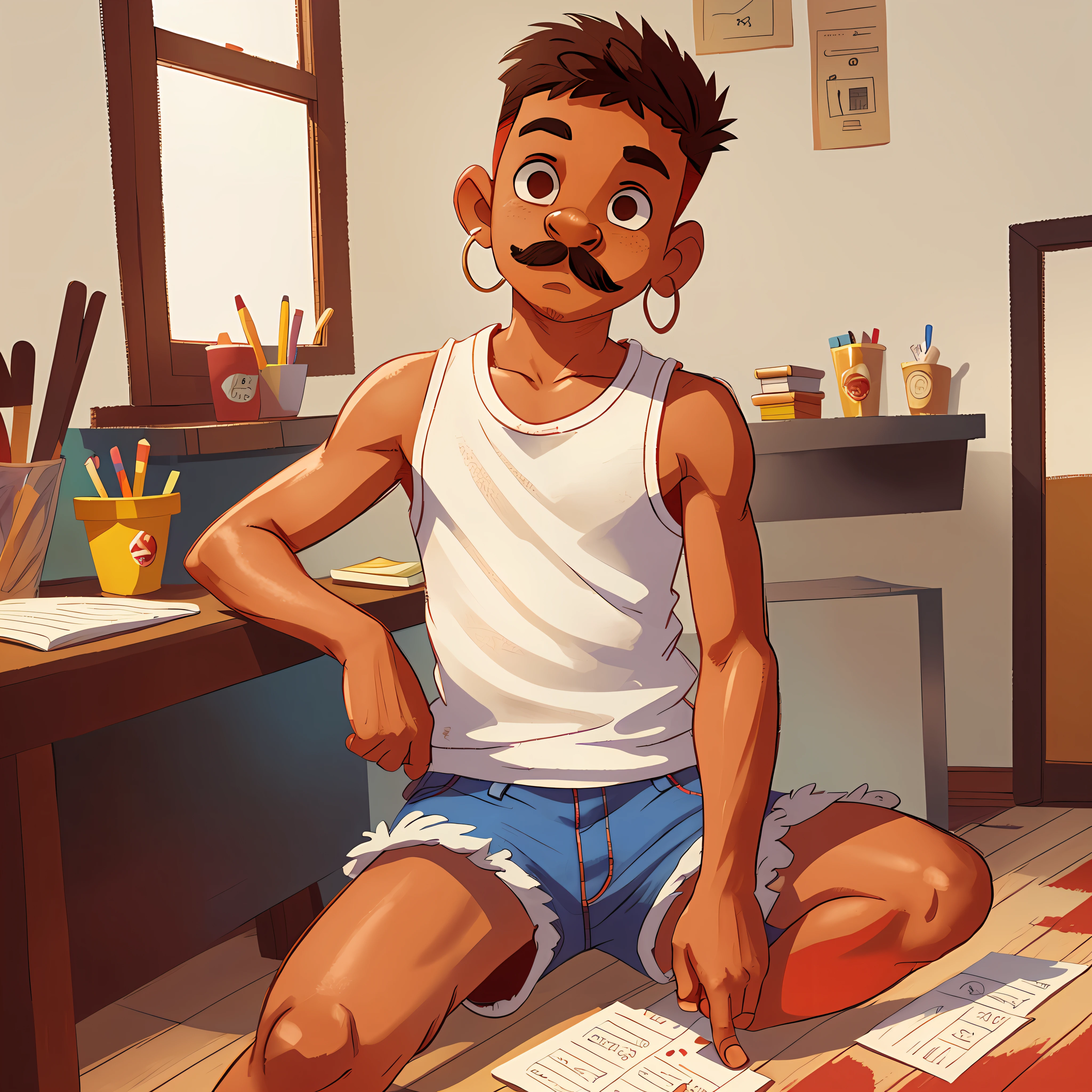 A brown-skinned Latino boy, short, shaved hair on the sides, small hoop earrings, wearing a mustache, white tank top and jean shorts, white socks with red stripes and black sneakers. Holding colored pencil and brush, several sheets of paper drawn on the floor. A cute little red monster with horns in the background