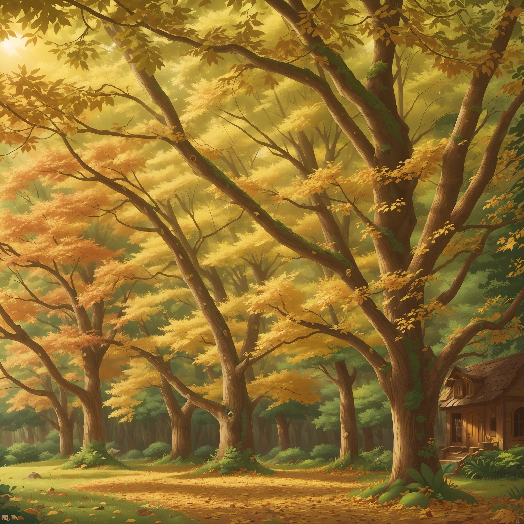 Draw a dense grove in autumn with yellowish foliage in an entandecer --auto --s2