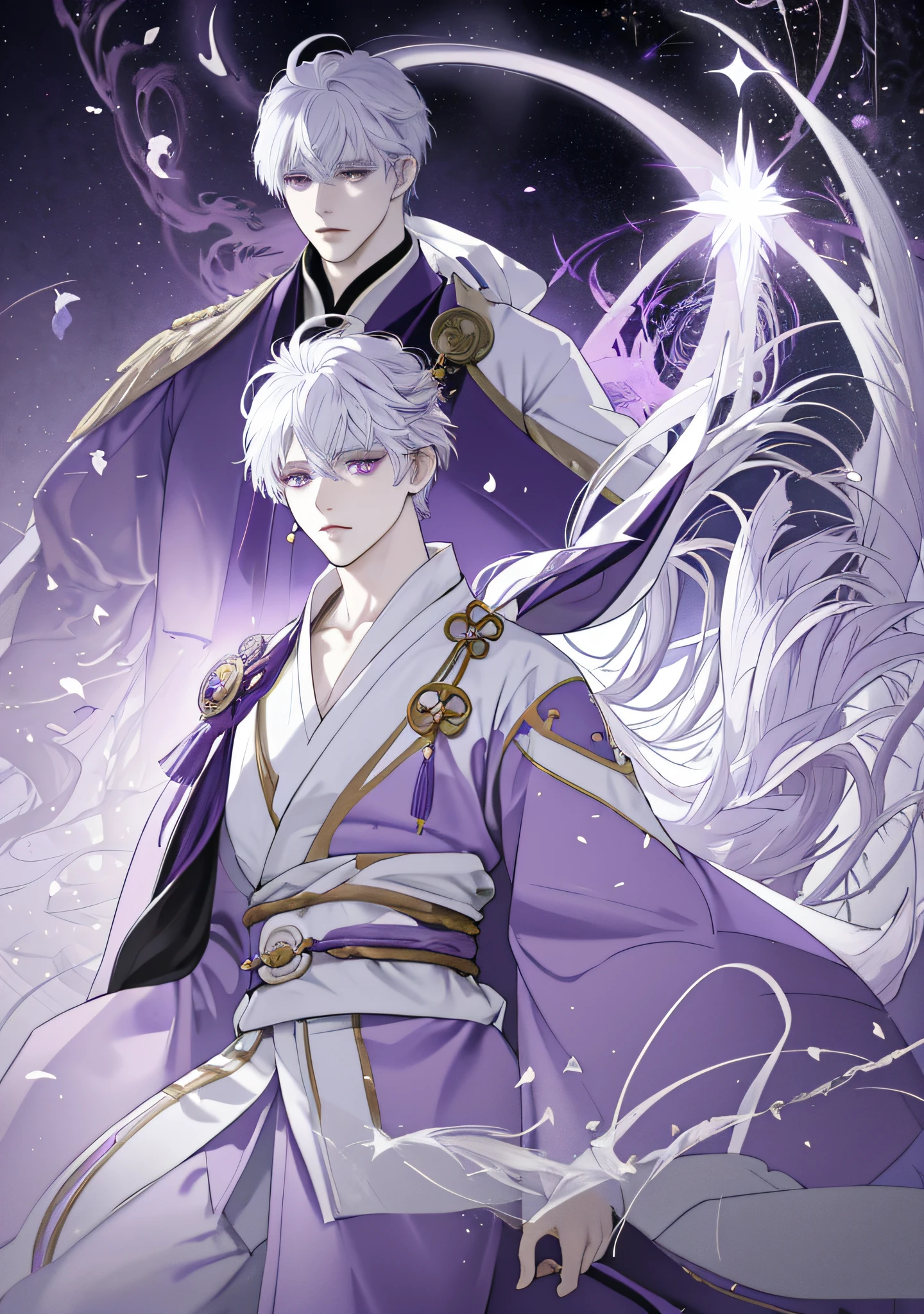 Anime boy in purple robe with bird in hand, white-haired deity, beautiful celestial mage, astral witch costume, complete portrait of elemental, Onmyoji detailed art, flowing magic robe, flowing white robe, full body white purple cape, (((beautiful fantasy male emperor)), full body fairy, masterpiece sad male god
