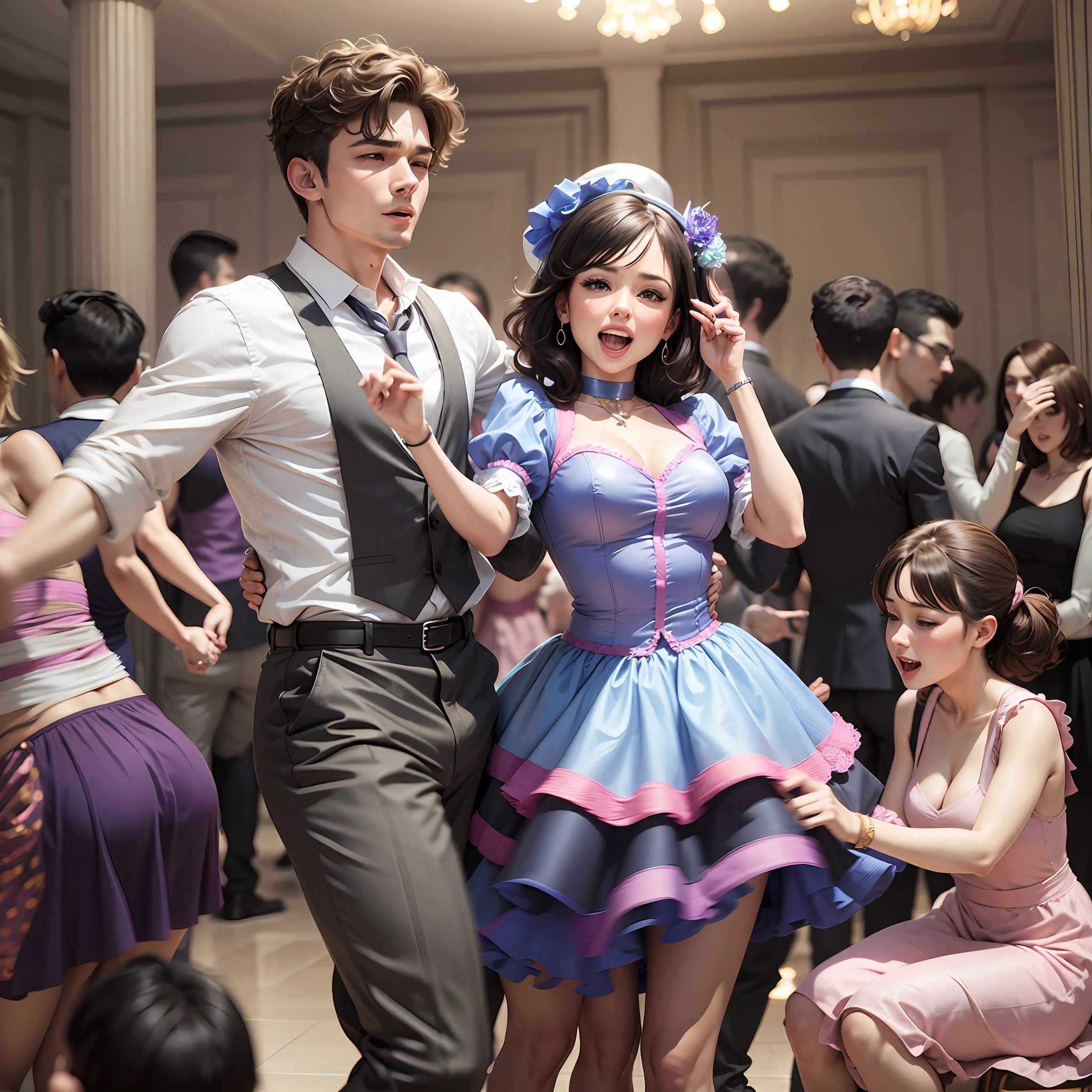 Two men and five women at a June party dancing --auto --s2