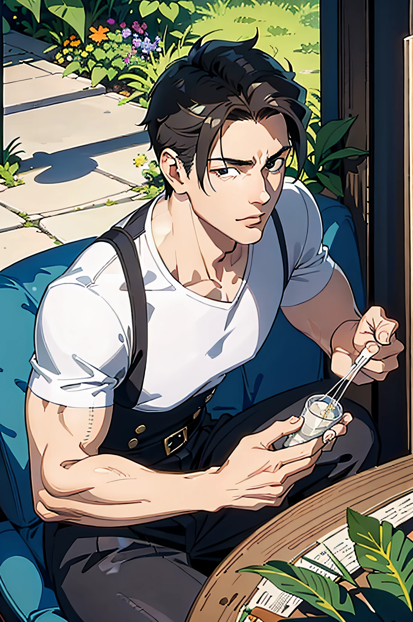 Masterpiece, Excellent, 1 man, handsome, tall muscular man, short hair, wearing short sleeves, four fingers and one thumb best proportion, best light and shadow, background is back alley, astigmatism, sitting, kittens gathered around him, dappled sunlight, daytime, depth of field, plants, summer