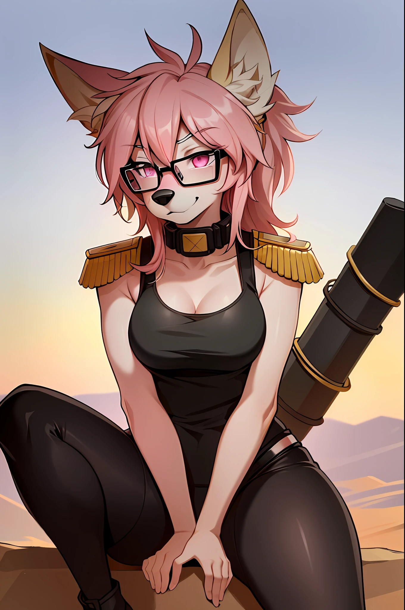 ((masterpiece, best quality)), (anthro furry:1.3, muzzle:1.2, anthro:1.3, furry:1.2, closeup:1.2, female solo:1.2, (wearing russian military coat) military pants, wearing glasses, fox spiraled in the colors of funtime foxy,five nights at freddy,white skin pink details, pink eyes, sexy position, desert ambient place,tank blimdado behind