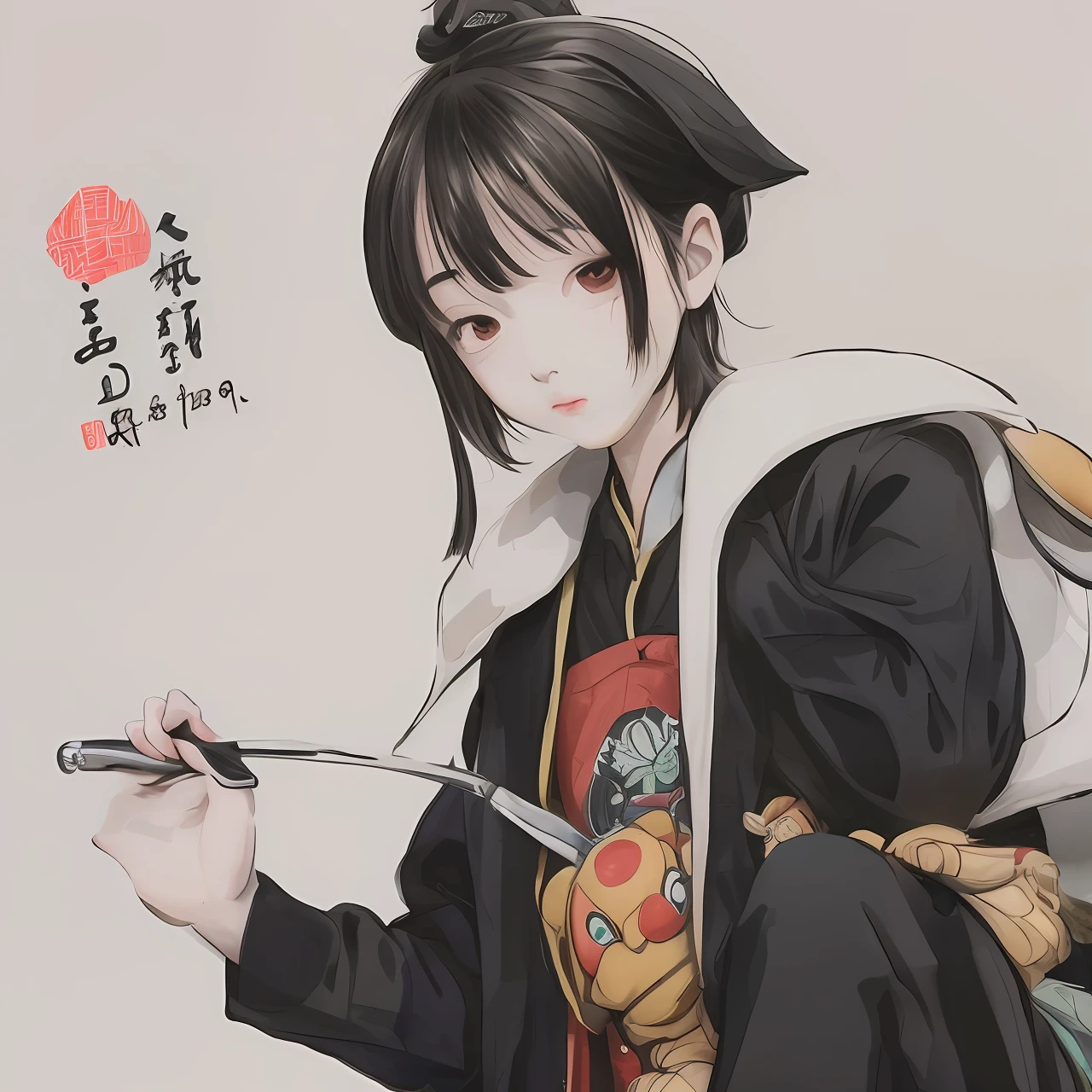 Cartoon character IP, wearing a Chinese suit, holding a pen, a turtle boy, a pure white background