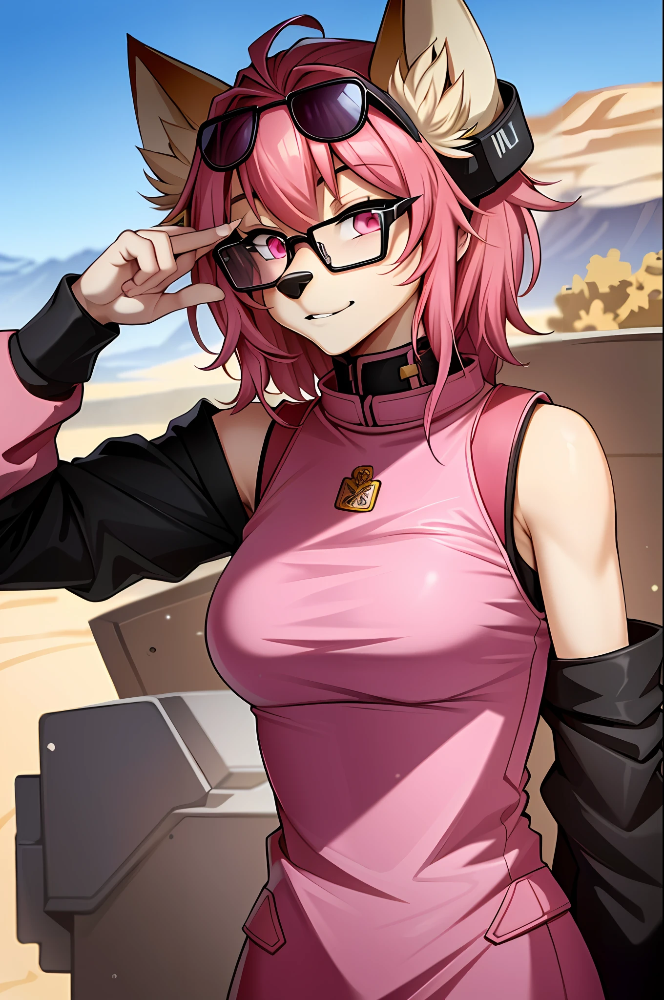((masterpiece, best quality)), (anthro furry:1.3, muzzle:1.2, anthro:1.3, furry:1.2, closeup:1.2, female solo:1.2, (wearing russian military coat) military pants, wearing glasses, fox spiraled in the colors of funtime foxy,five nights at freddy,white skin pink details, pink eyes, sexy position, desert ambient place,tank blimdado behind