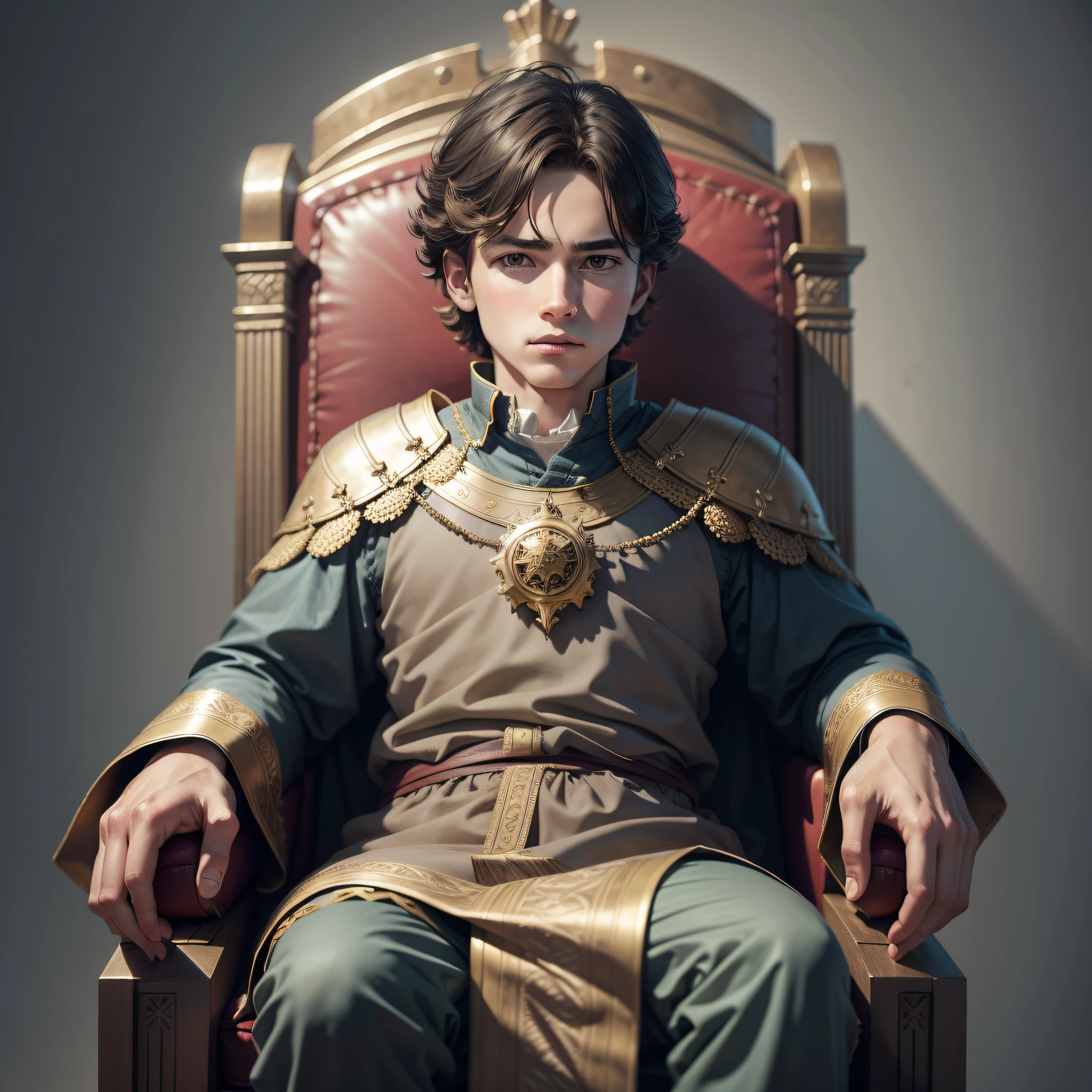 Boy sitting in king's chair, ancient, super realistic, dark background, 8K