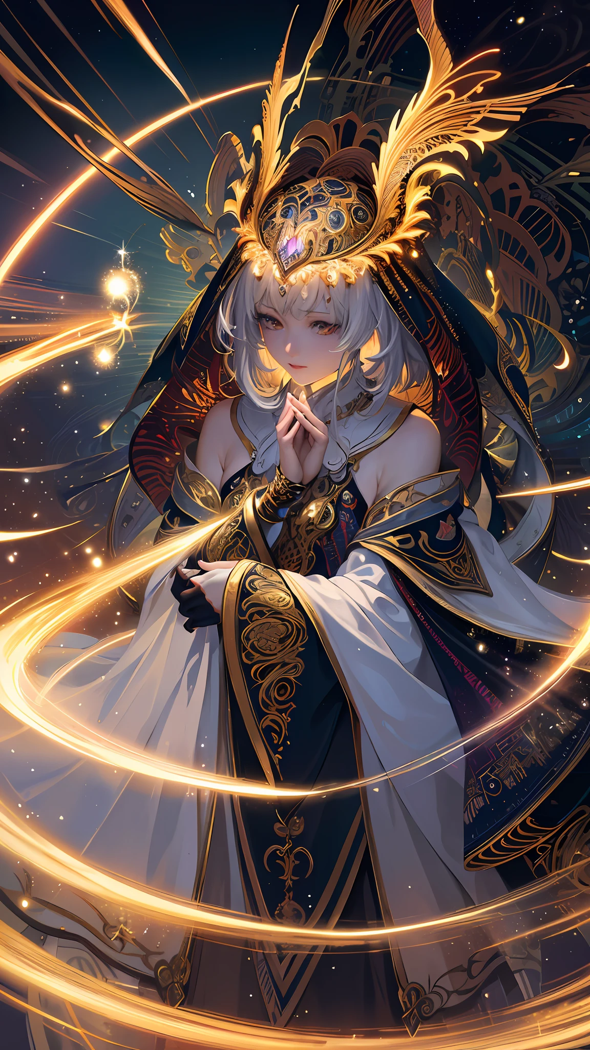 (masterpiece, top quality, best quality, official art, beautiful and aesthetic:1.2), (1girl), extreme detailed, (fractal art:1.3), colorful, highest detailed, perfect face, upper body, HDR, (praying:1.3), (white cloak golden lines:1.2), galaxy, (light streaks), striking visuals, (dynamic streaks, luminous trails:1.2), vibrant colors,
