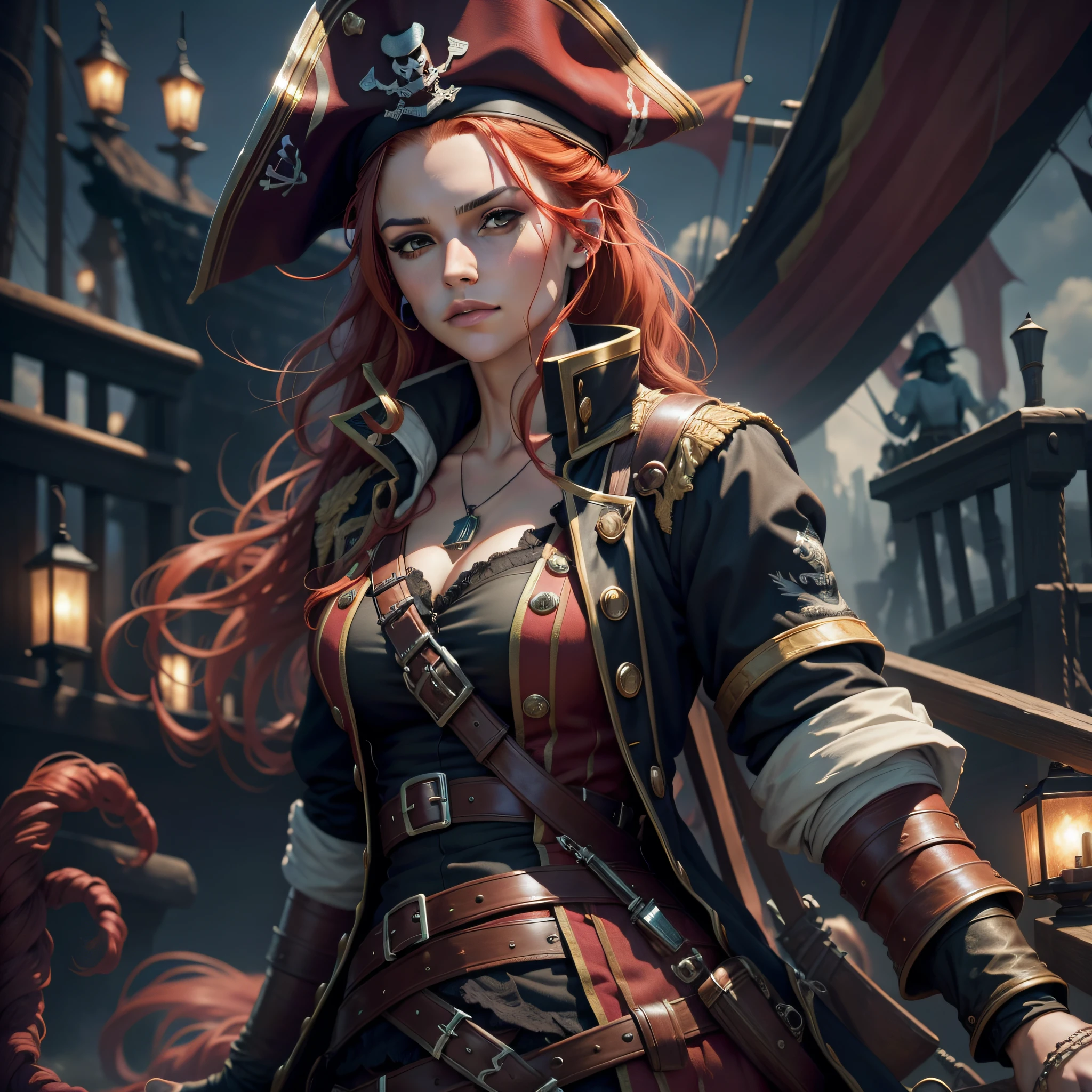 Hyper-realistic image of a beautiful female pirate captain (with red hair) on her ship, accompanied by her crew of female pirates. --auto --s2
