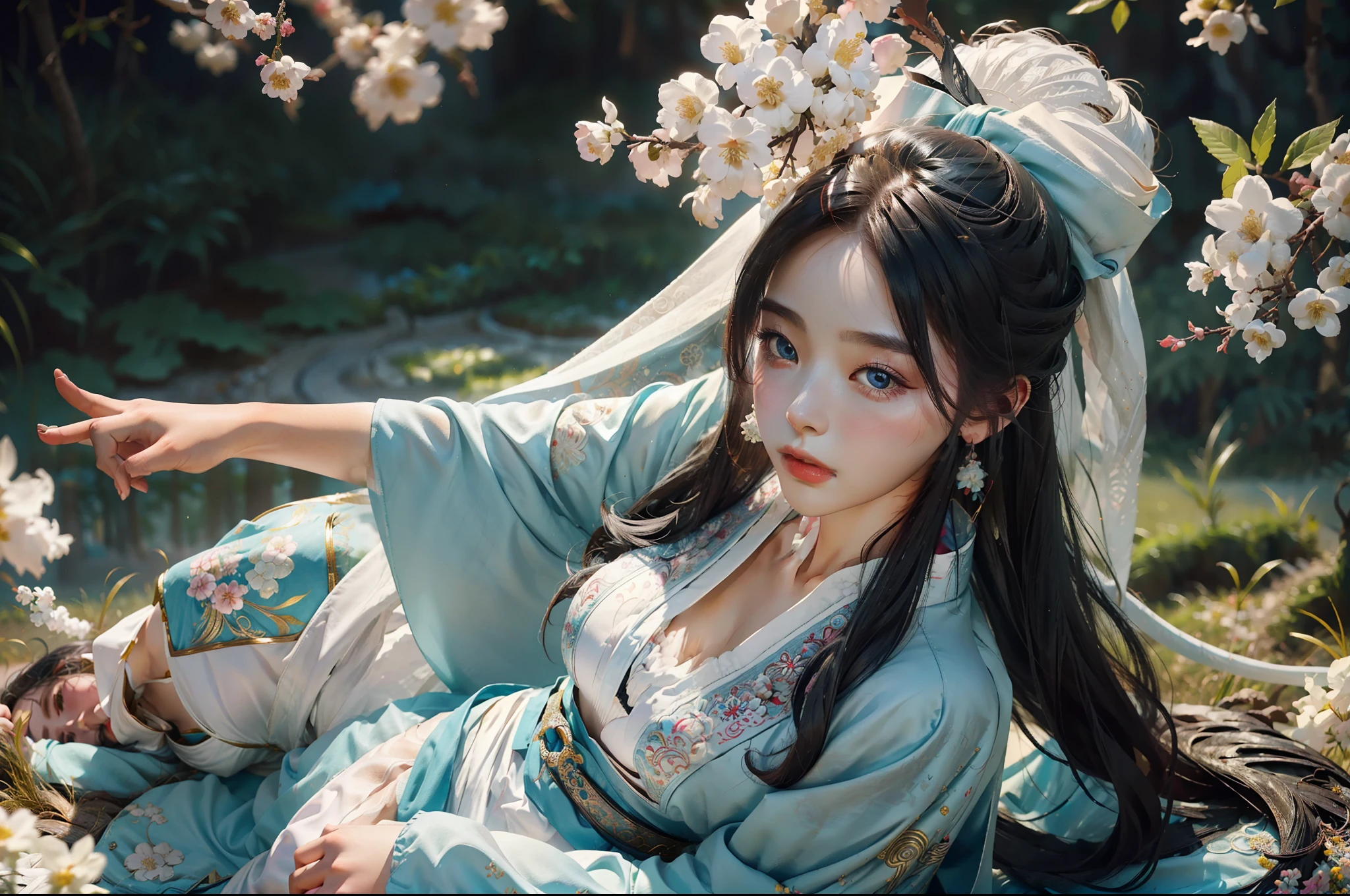 zhongfenghua, 1girl, (full body) solo, hanfu, flower field, blossom, (white smokes:1.3) (photorealistic:1.4), zentangle, mandala, entangle, official art, unity 8k wallpaper, ultra detailed, beautiful and aesthetic, masterpiece,best quality, (dynamic angle:1.4), glowing skin, (floating colorful sparkles:1) the most beautiful form of chaos, elegant, a brutalist designed, vivid colours, romanticism depth of field,