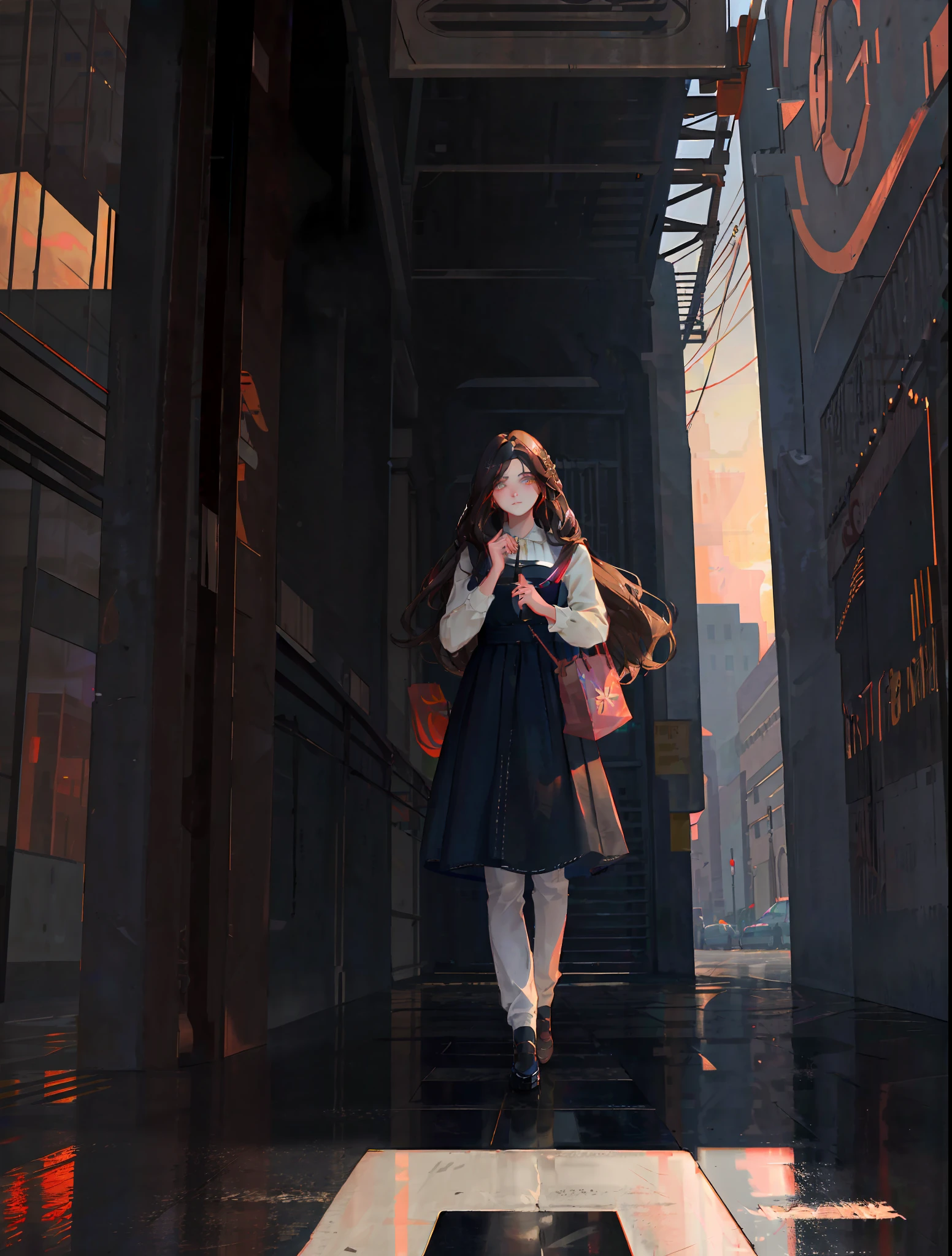 masterpiece, best quality, masterpiece, divine quality, divine art, highly detailed face, highly realistic, closeup, just face, beautiful, young, big eyes, long hair, long eyelashes, dark hair color, dark hair, bright eyes, make up, random skin color, rain, wet floor, reflective floor, big city street, blush, dawn, rising sun, random skycolor, random sun color,  random light color, dawn lighting, dawn lighting, raytracing, fine details