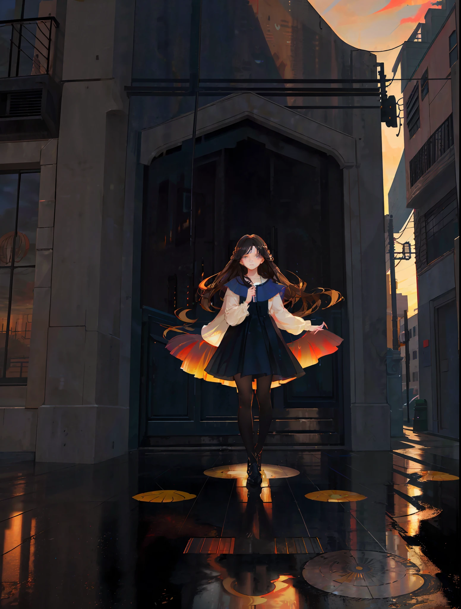masterpiece, best quality, masterpiece, divine quality, divine art, highly detailed face, highly realistic, closeup, just face, beautiful, young, big eyes, long hair, long eyelashes, dark hair color, dark hair, bright eyes, make up, random skin color, rain, wet floor, reflective floor, big city street, blush, dawn, rising sun, random skycolor, random sun color, random light color, dawn lighting, dawn lighting, raytracing, fine details