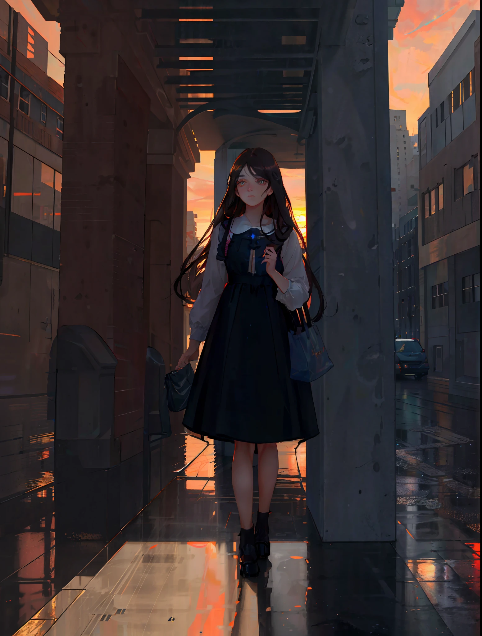 masterpiece, best quality, masterpiece, divine quality, divine art, highly detailed face, highly realistic, closeup, just face, beautiful, young, big eyes, long hair, long eyelashes, dark hair color, dark hair, bright eyes, make up, random skin color, rain, wet floor, reflective floor, big city street, blush, dawn, rising sun, random skycolor, random sun color, random light color, dawn lighting, dawn lighting, raytracing, fine details