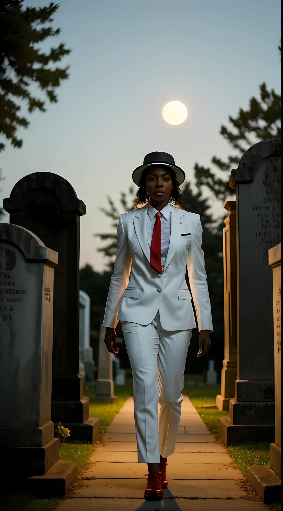 A 30-year-old black woman, dressed in a white suit and red tie, with a white hat on her head, walking in the cemetery at night with the light of the full moon illuminating her steps. Ultra-realistic 8K, sharp focus, masterpiece, full body photo, ultra-detailed face, looking at camera,