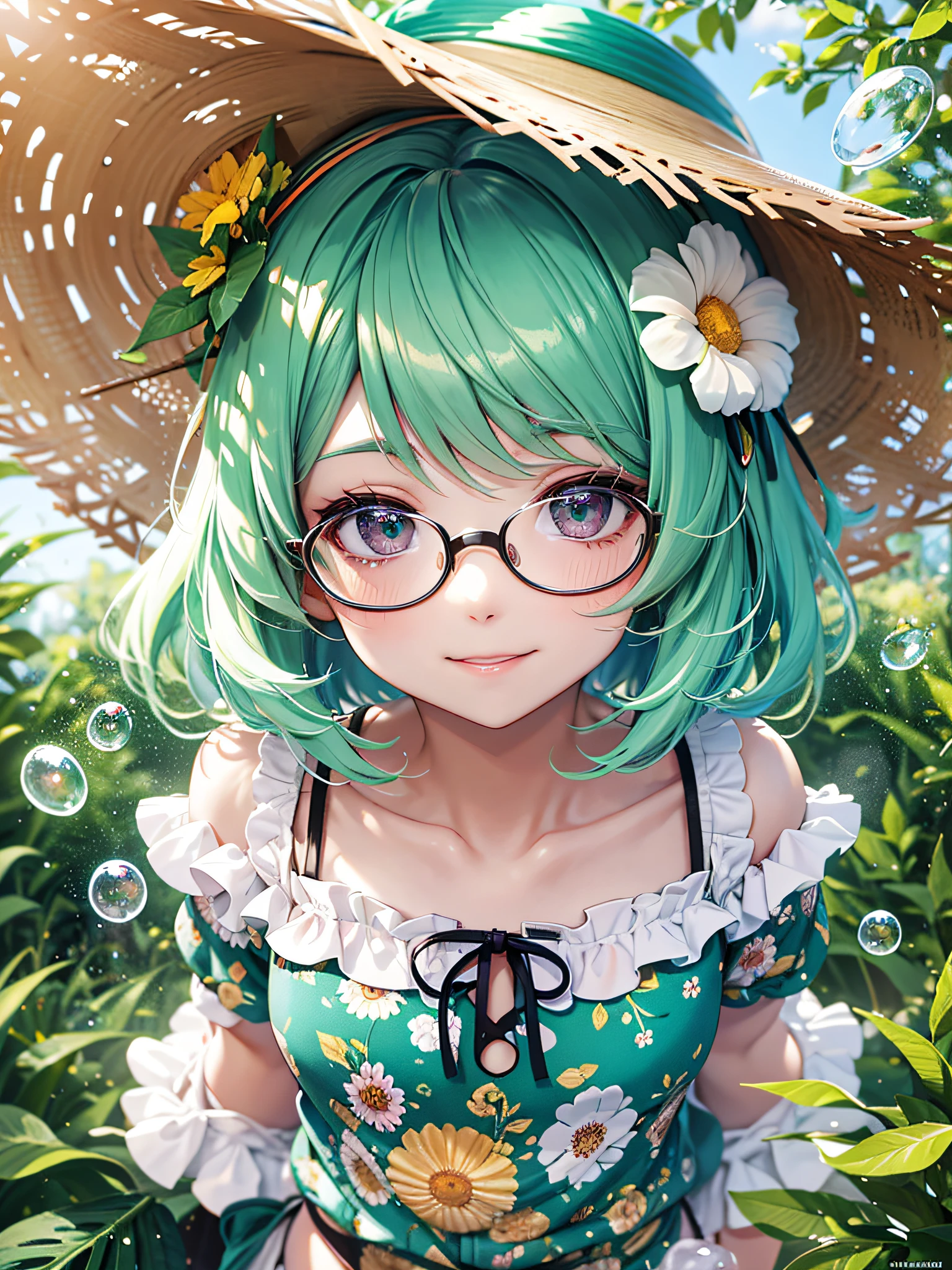(Chibi), 1 girl, Deep eyes, Pale green hair, Short cut, Big round glasses, Smile, Happy, Petite breasts, (Flat chest, less constricted:1.2), Colorful macarons pattern white Smock blouse, Short shorts, Full body, Angle from above, (Ultra detailed background: 1.2, bokeh, bubbles floating), moisturized eyes, shiny hair, ultra-detailed skin, variety of flowers, summer flowers, straw hat, , sunny weather,