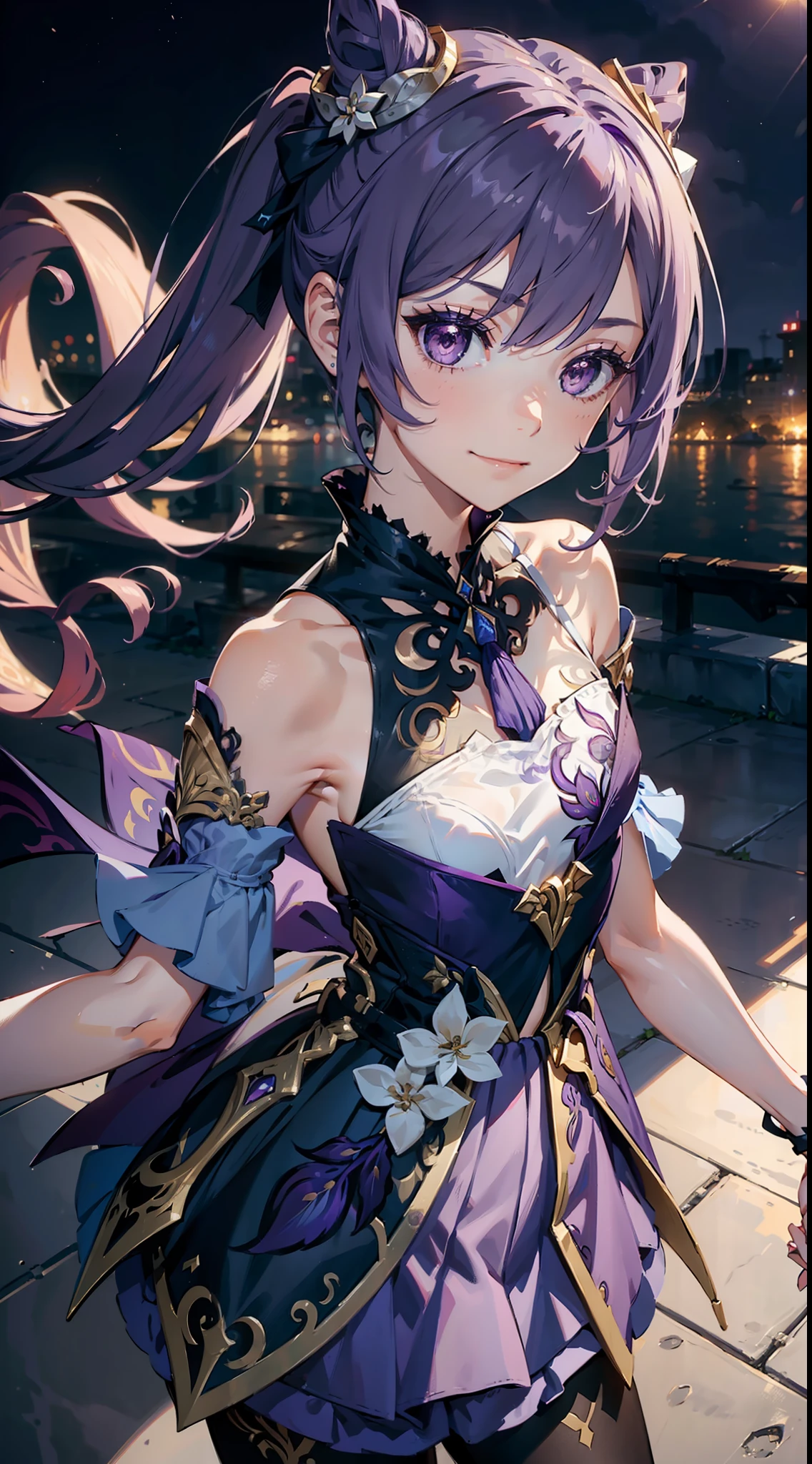 1girl, (solo:1.2), ((masterpiece)), [slim], (small chest), pale skin, ((detailed eyes)), (bokeh effect), dynamic pose, medium shot, keqingdef, purple hair, hair vent, purple dress, closed mouth, smiling, bare shoulders, (purple theme)