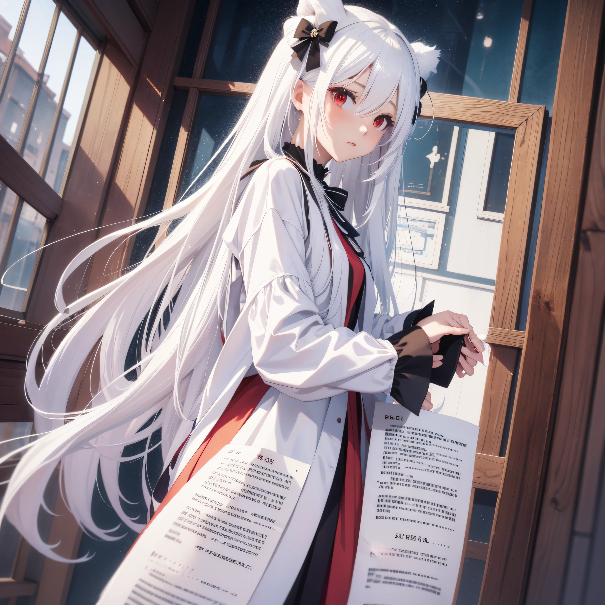(Perfect white-haired girl + youth campus: 1.2), (anime girl + girl front style + anime visual + anime cute art style: 1.3), (long white hair + white hair + from girl front: 1.2), (one book + one book: 0.9), beautiful portrait, harmony fusion, rich picture detail, clarity, strong texture. White silk, long legs, red eyes