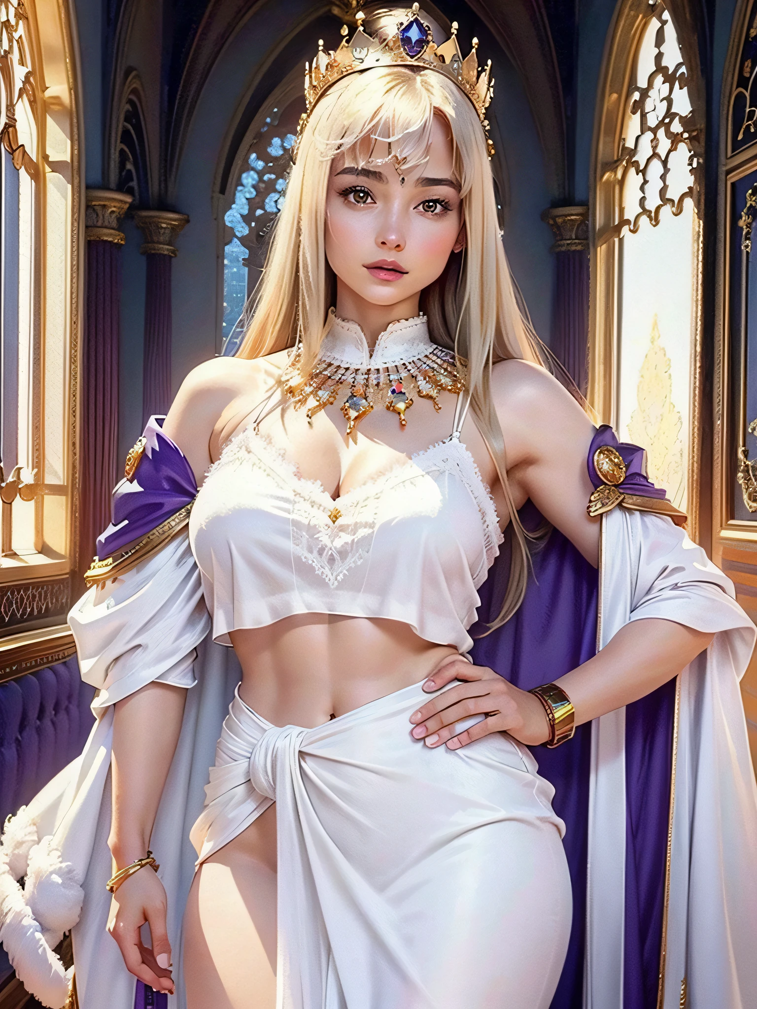 (Masterpiece, Top Quality, Best Quality, Official Art, Beautiful and Aesthetic: 1.2), RAW Photos, (Highly Detailed Skin: 1.2), (Exposure: 1.1), (Exposed Back: 1.5), (Exposed Shoulders: 1.1), (Exposed Crotch: 1.5), (Very Cute Woman in a White Silk String Micro Bikini in a Castle)), Ultra-detailed complex 3D rendering of faces, various poses, ((( Huge breasts: 1.4)), (Exposure: 1.1), Perfect figure: 1.4, Slim abs: 1.1, (1 girl), purple cape lined with fur, abs, detailed crown adorned with precious stones: 2.2), cleavage, blonde, white skin, detailed luminous necklace adorned with precious stones, detailed glowing bangles adorned with gemstones