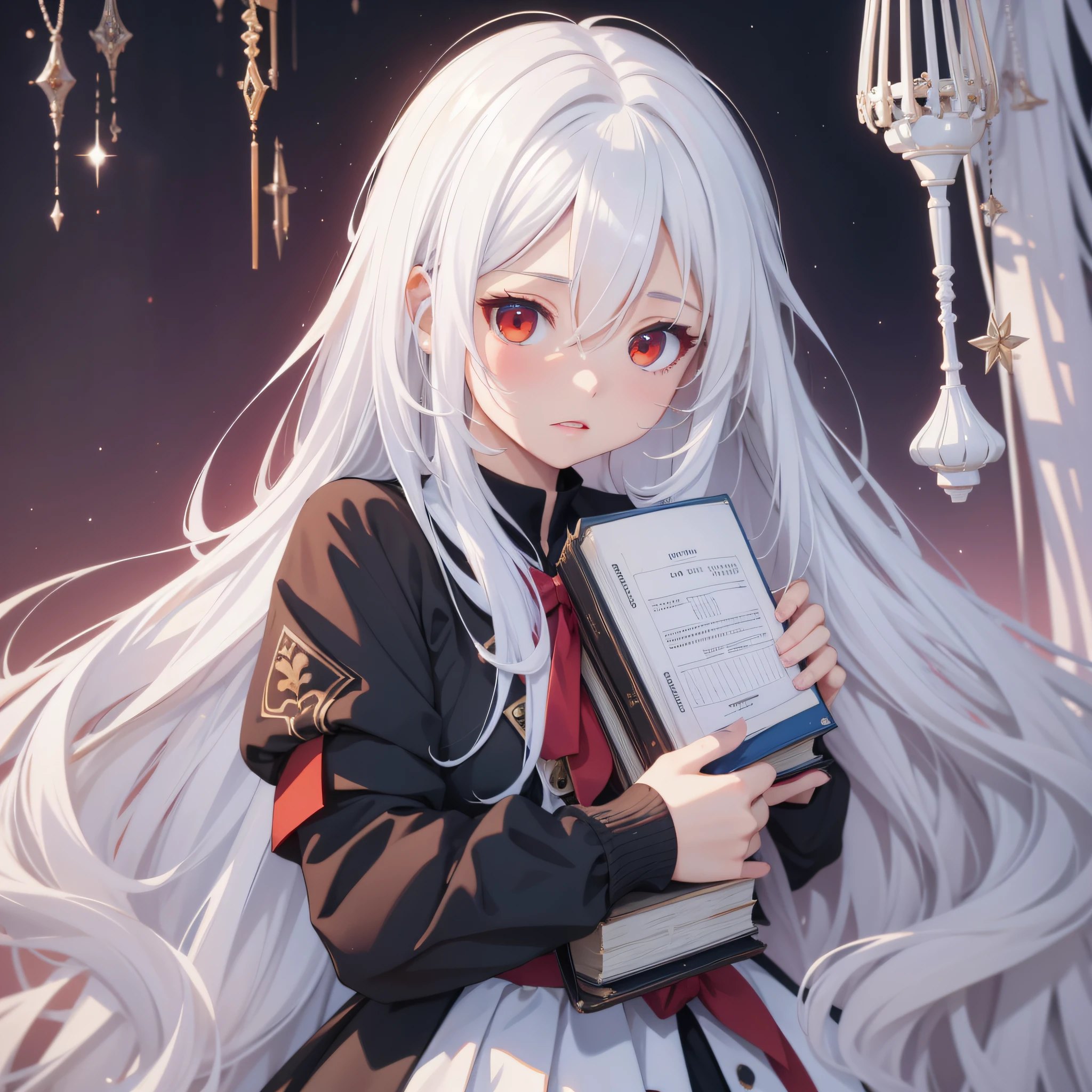 (Perfect white-haired girl + youth campus: 1.2), (anime girl + girl front style + anime visual + anime cute art style: 1.3), (long white hair + white hair + from girl front: 1.2), (one book + one book: 0.9), beautiful portrait, harmony fusion, rich picture detail, clarity, strong texture. White silk, long legs, red eyes