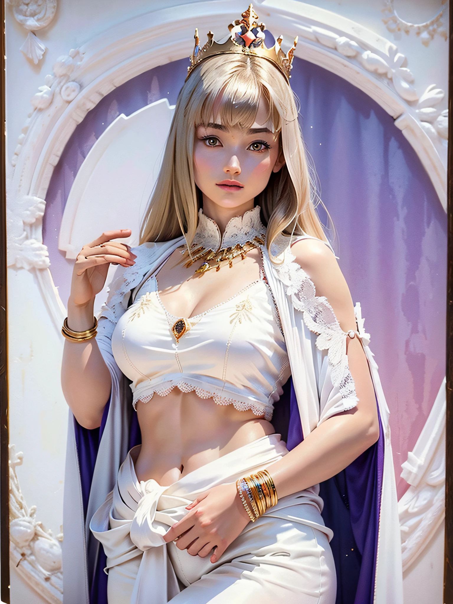 (Masterpiece, Top Quality, Best Quality, Official Art, Beautiful and Aesthetic: 1.2), RAW Photos, (Highly Detailed Skin: 1.2), (Exposure: 1.1), (Exposed Back: 1.5), (Exposed Shoulders: 1.1), (Exposed Crotch: 1.5), (Very Cute Woman in a White Silk String Micro Bikini in a Castle)), Ultra-detailed complex 3D rendering of faces, various poses, ((( Huge breasts: 1.4)), (Exposure: 1.1), Perfect figure: 1.4, Slim abs: 1.1, (1 girl), purple cape lined with fur, abs, detailed crown adorned with precious stones: 2.2), cleavage, blonde, white skin, detailed luminous necklace adorned with precious stones, detailed glowing bangles adorned with gemstones