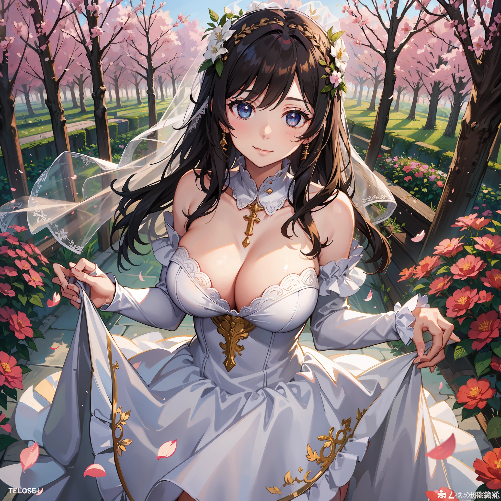 1girl,solo,huge breasts, taihouss, standing,cowboy shot, lifted by self, ((wedding dress)),cleavage, garden,sunlight, feathers, petals, evil smile, white_Dress,
