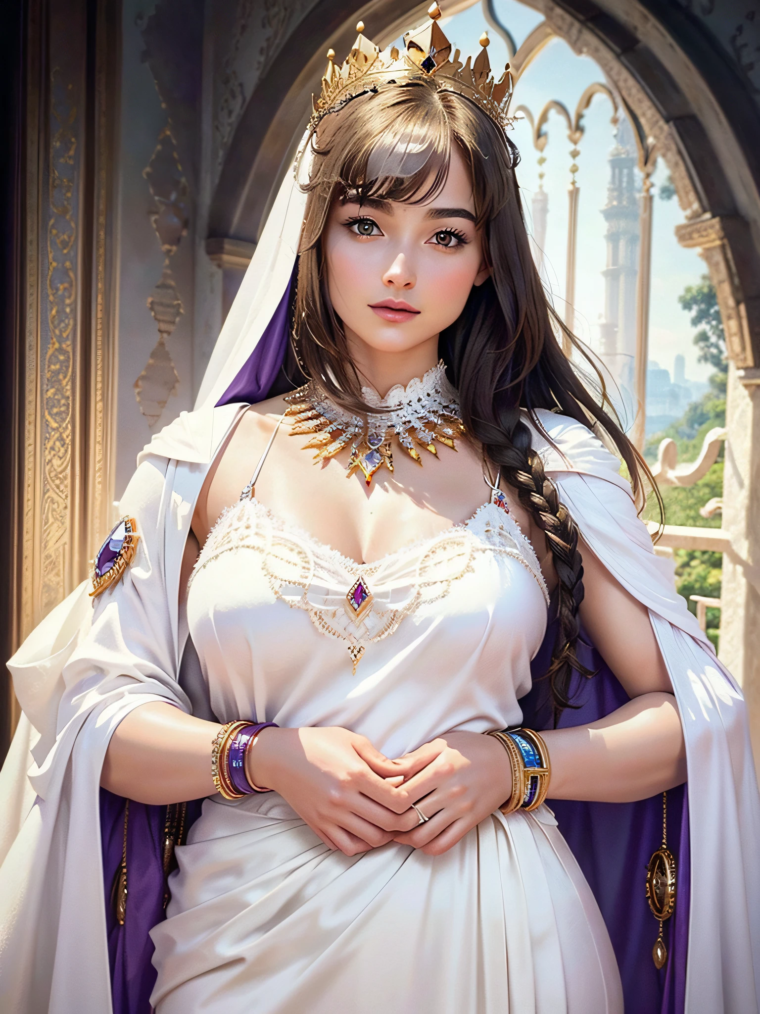 (Masterpiece, Top Quality, Best Quality, Official Art, Beautiful and Aesthetic: 1.2), RAW Photos, (Highly Detailed Skin: 1.2), (Exposure: 1.1), (Exposed Back: 1.5), (Exposed Shoulders: 1.1), (Exposed Crotch: 1.5), (Very Cute Woman in a White Silk String Micro Bikini in a Castle)), Ultra-detailed complex 3D rendering of faces, various poses, ((( Huge breasts: 1.4)), (Exposure: 1.1), Perfect figure: 1.4, Slim abs: 1.1, (1 girl), purple cape lined with fur, abs, detailed crown adorned with precious stones: 2.2), cleavage, blonde, white skin, detailed luminous necklace adorned with precious stones, detailed glowing bangles adorned with gemstones