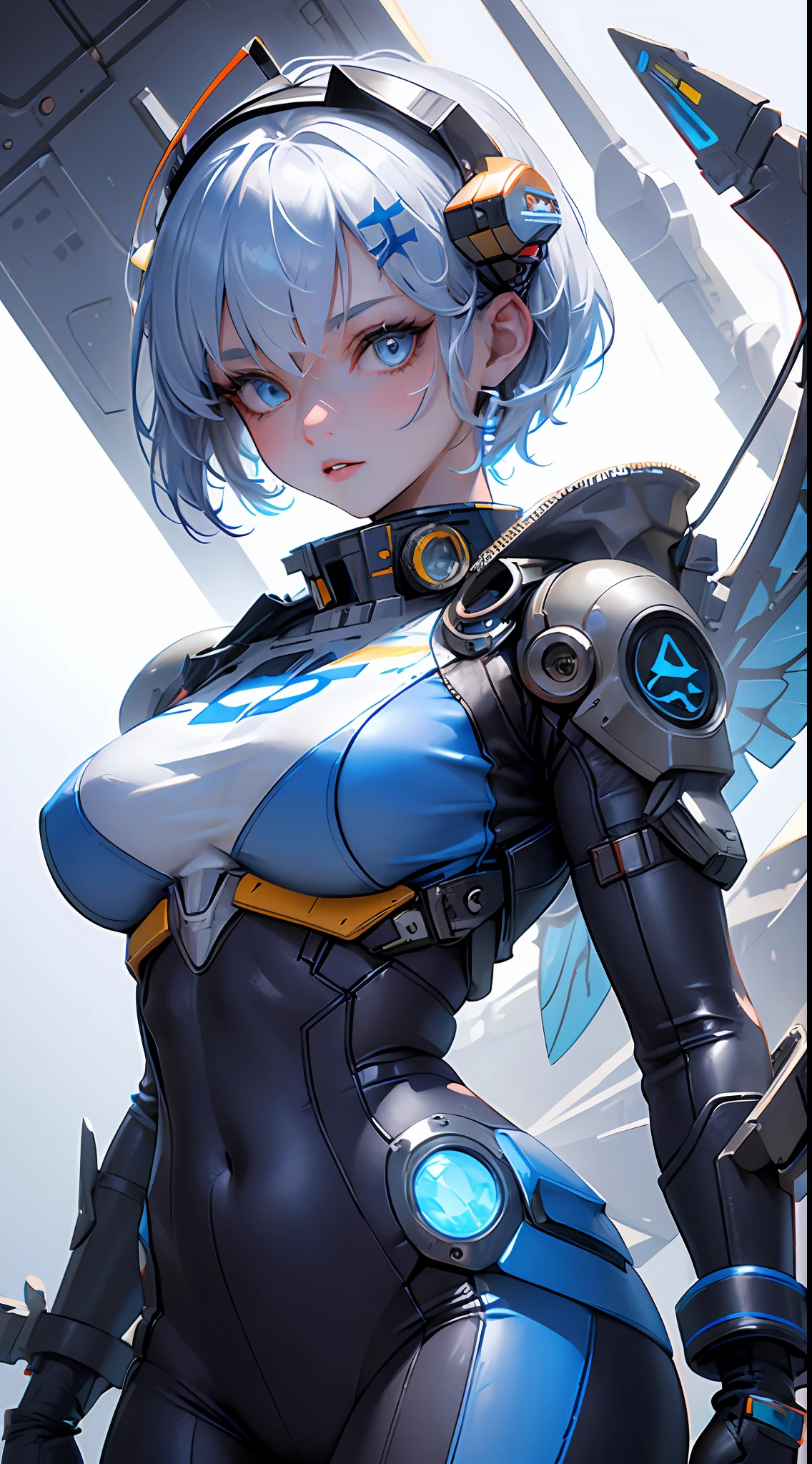 Realistic,flying machine,mecha,cable,plane,solo,1 girl,a Mecha Wasp plane,piloted by 1 female pilot. The plane has a detailed mechanical structure,clear mechanical wings,glowing wings,glow,Blue flame,yellow and white mechs,The characters are all in the cockpit,high quality,realistic,high resolution,using Unreal Engine,3D rendering,Zbrush,science fiction,robots,flying in caves,ready to reveal the true colors of ZergGirl,beautiful,dressed,many details,((Short white hair)),((Future), scars on my face, disfigured face, scars above my eyebrow, girl, (((Wave hair)), HD, more details, beauty is in the details, (((Pilot clothes)), (pilot girl),