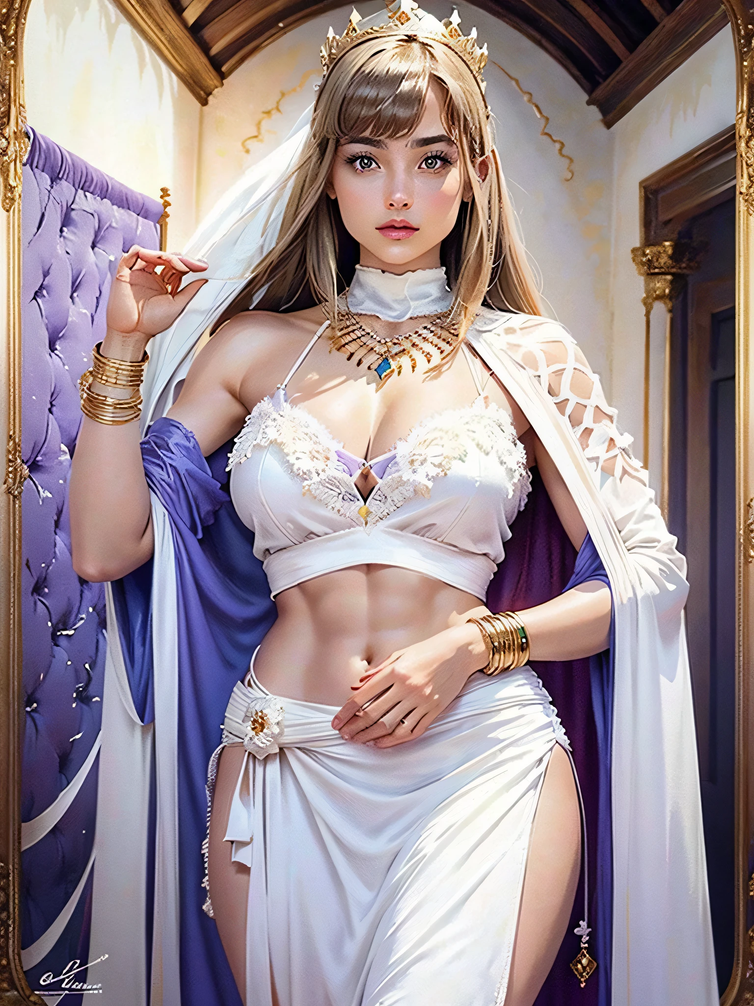 (Masterpiece, Top Quality, Best Quality, Official Art, Beautiful and Aesthetic: 1.2), RAW Photos, (Highly Detailed Skin: 1.2), (Exposure: 1.1), (Exposed Back: 1.5), (Exposed Shoulders: 1.1), (Exposed Crotch: 1.5), (Very Cute Woman in a White Silk String Micro Bikini in a Castle)), Ultra-detailed complex 3D rendering of faces, various poses, ((( Huge breasts: 1.4)), (Exposure: 1.1), Perfect figure: 1.4, Slim abs: 1.1, (1 girl), purple cape lined with fur, abs, detailed crown adorned with precious stones: 2.2), cleavage, blonde, white skin, detailed luminous necklace adorned with precious stones, detailed glowing bangles adorned with gemstones