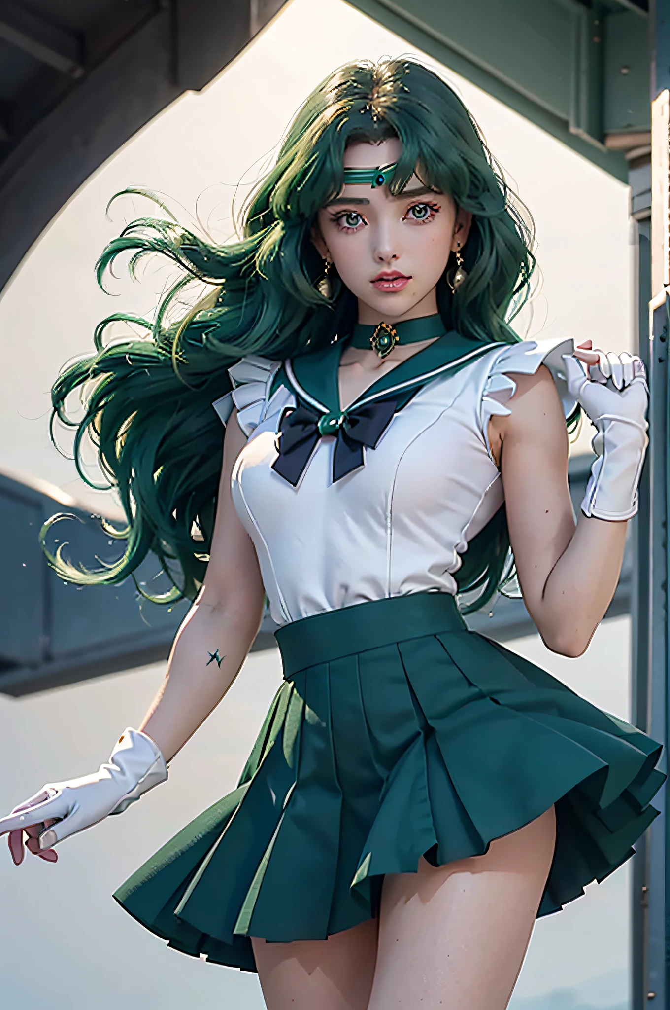 close-up, 1girl, sailor neptune, aqua eyes, dark green hair, medium hair, (sailor senshi uniform:1.1), plead skirt, bow, dynamic posture, Dynamic background, , best quality, masterpiece, high resolution, intricate details, (( realistic )), photographic, earrings, jewelry, white gloves, Medium breast, full body, white gloves, sailor collar