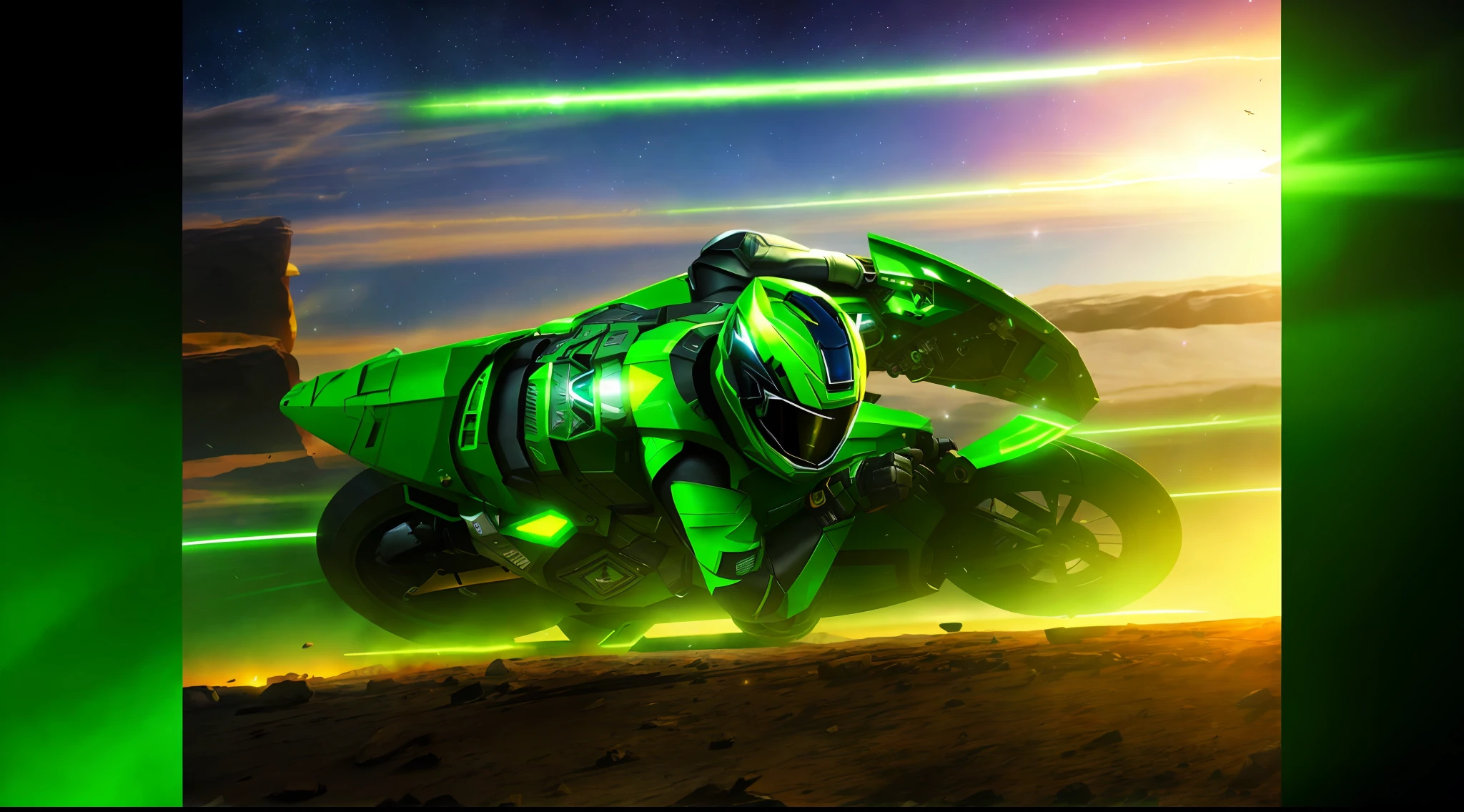 Green Power Rangers, [Green: Black: 15], Backgrounds in Space, VEGA Meteor Shower, Stargaz, (Full Body), Cinematic Lighting, High Detail, HDR, Realistic, (((Detailed Background)))), Perfect Anatomy, (Combat Pose),