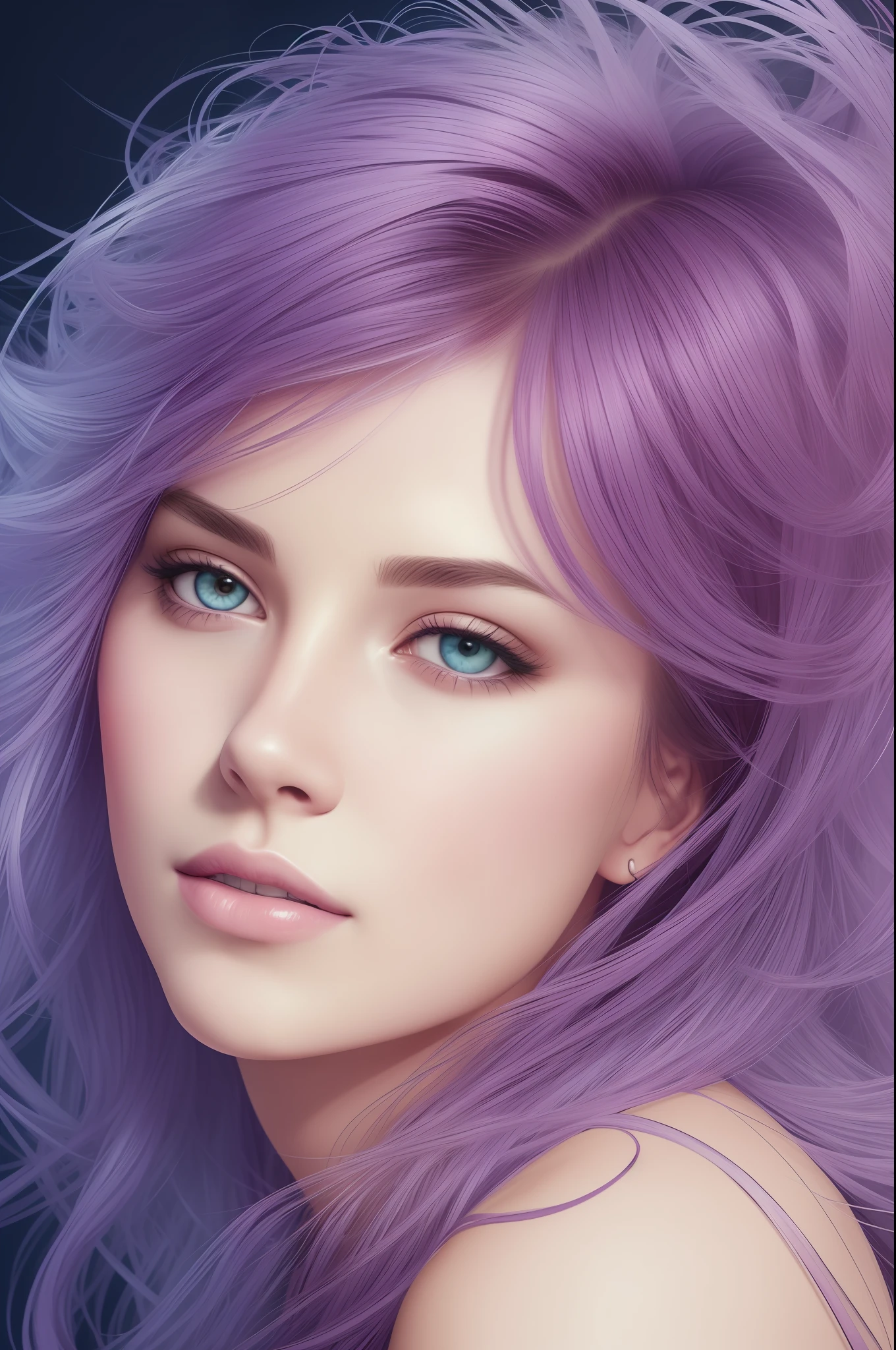 Beautiful powerful and confident woman, colorful: portrayed with strong and expressive features, conveying determination and self-confidence, messy hair, the illustration highlights her facial details, such as expressive eyes and slightly curved lips in a confident smile. She is wearing modern and stylish clothes, reflecting her unique style. oil painting, perfect face with soft skin and perfect face, blue yellow colors, light purple and violet additions, light red additions, intricate details, home screen, 8k resolution, masterpiece, beautiful face, artstation soft digital painting black ink flow: 8k resolution photorealistic masterpiece: intricately detailed fluid gouache painting: by Jean Baptiste Mongue: Calligraphy: Acrylic: Watercolor art, professional photography, natural lighting, volumetric lighting Maximalist photoillustration: by Marton Bobzert: , complex, elegant, expansive, fantastic, wavy hair, vibrant