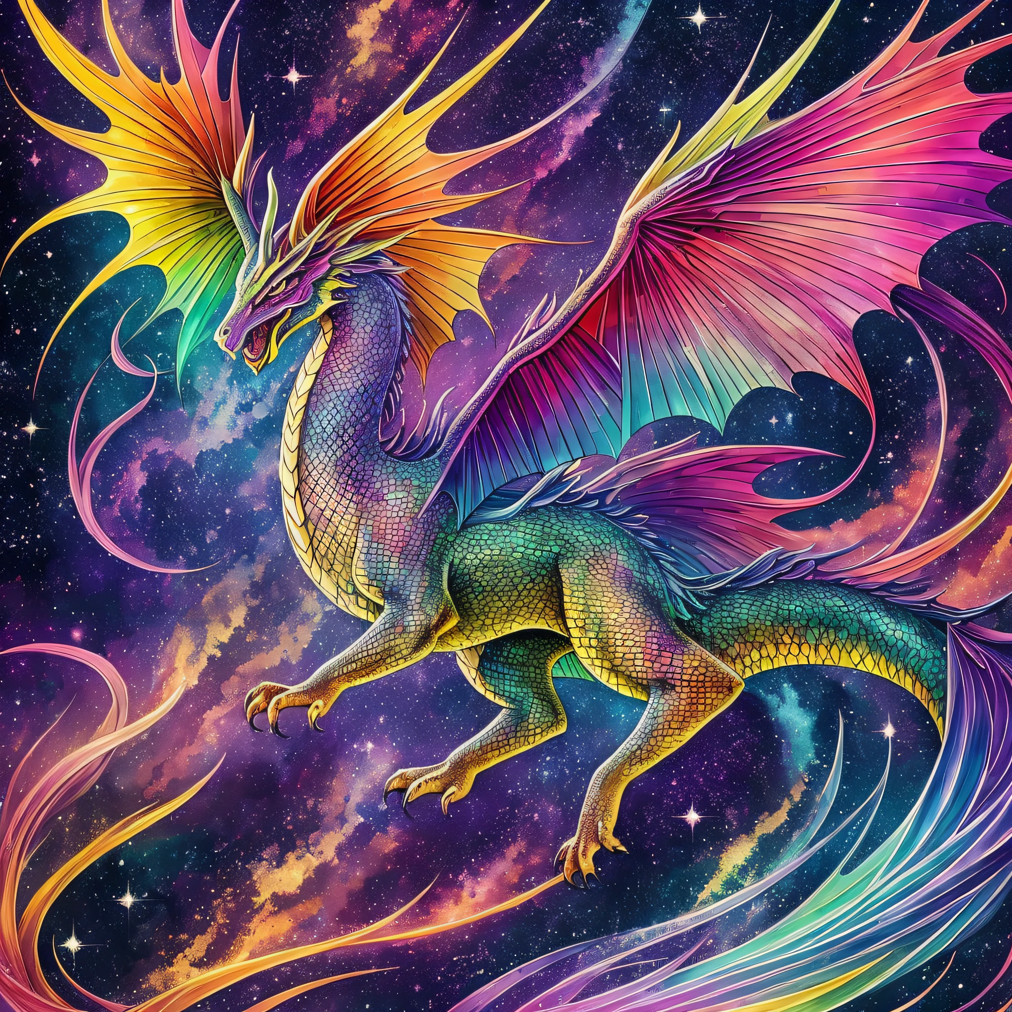 "A stunning illustration of a colorful mythical dragon in full flight in a high-quality starry sky with many details and vibrant colors, showing its majesty in dynamic pose, shades of light with the high contrast that highlights all the colors of the figure, combining the delicacy of the strokes with the grandeur of the scene." --auto --s2