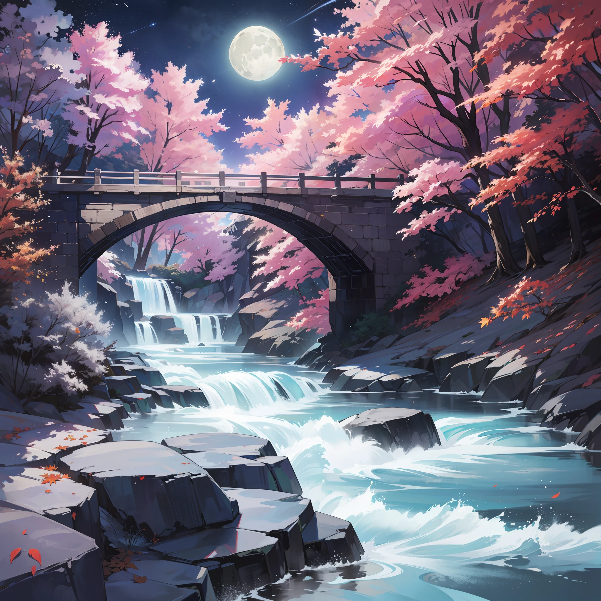 Silver-white moon, late autumn starry night, Hanfu man, wide-angle lens, picture quality masterpiece, 8K high resolution, streamer special effects, particle special effects, shooting stars crossing, rapids rushing, maple leaves falling, cliffs, ancient atmosphere.