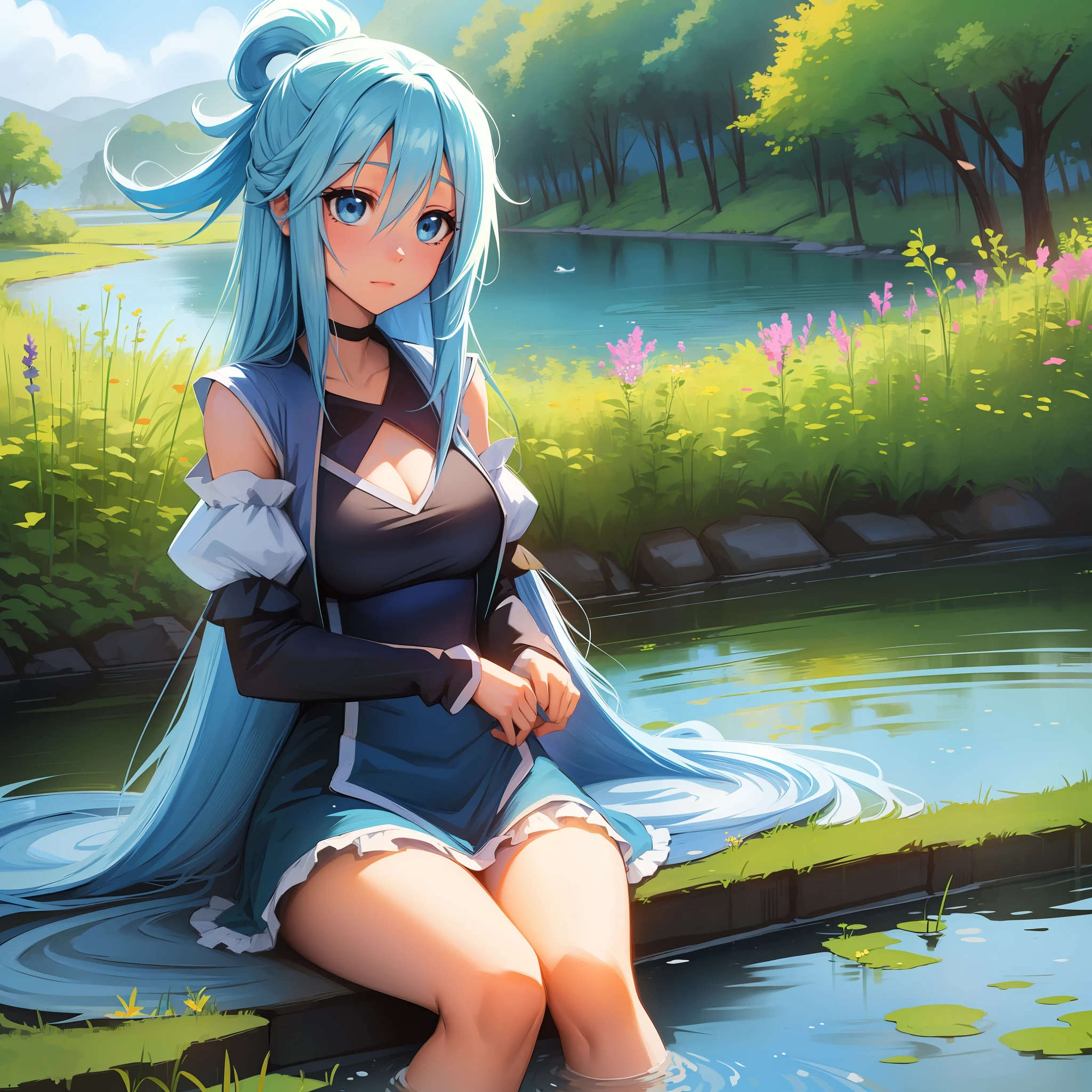 1 Girl (Aqua Konosuba), long blue hair, blue eyes, quiet pond, wildflowers by the water, dawn, sunny --auto --s2