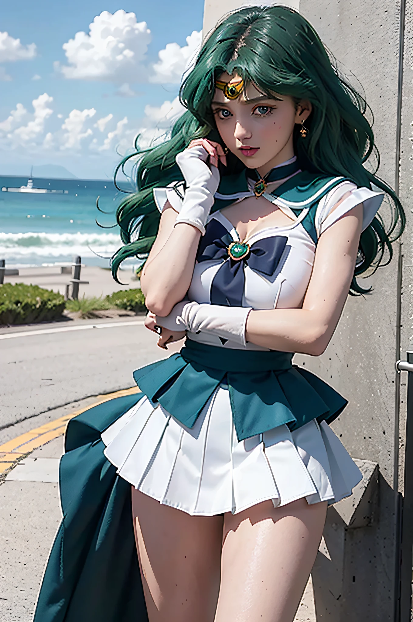 Masterpiece, 4k, super detailed, close-up, 1 girl, sailor Neptune, aqua blue eyes, dark green hair, medium hair, (sailor senshi uniform:1.1), pleading skirt, bow, dynamic pose, best quality, masterpiece, high resolution, intricate detail, (realistic)), photography, earrings, jewelry, white gloves, medium breasts, full body, white gloves, sailor collar