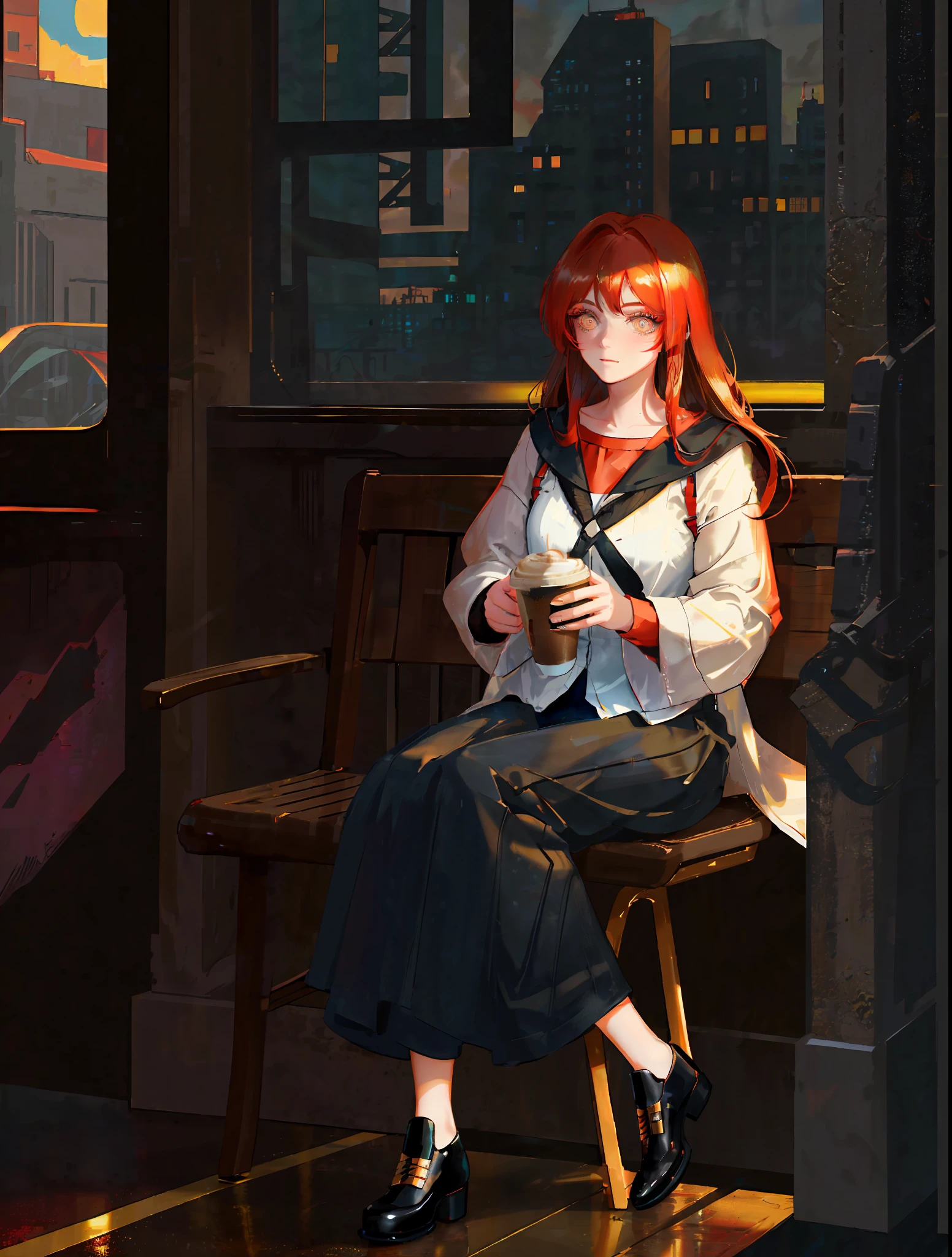 masterpiece, best quality, masterpiece, divine quality, divine art, highly detailed face, highly realistic, closeup, face only, cyberpunk outfit, lights, beautiful, young, big eyes, long hair, long eyelashes, black and red hair color, bright eyes, makeup, random skin color, rain, sitting in a coffee shop, blush, sunlight, golden hour, random skycolor, random sun color,  random light color, dawn lighting, dawn lighting