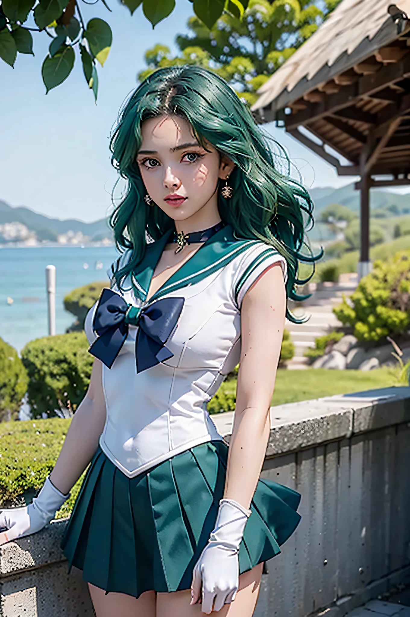 Masterpiece, 4k, super detailed, close-up, 1 girl, sailor Neptune, aqua blue eyes, dark green hair, medium hair, (sailor senshi uniform:1.1), pleading skirt, bow, dynamic pose, best quality, masterpiece, high resolution, intricate detail, (realistic)), photography, earrings, jewelry, white gloves, medium breasts, full body, white gloves, sailor collar