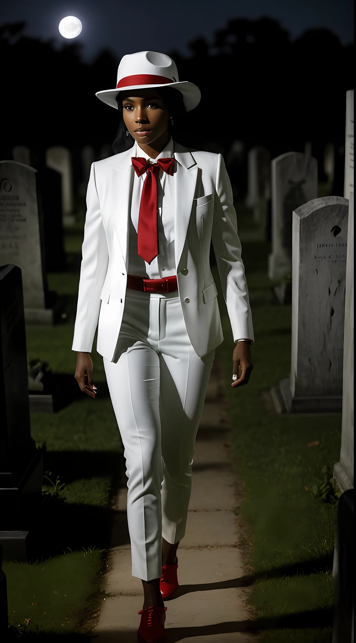 A 30-year-old black woman, dressed in a white suit and red tie, with a white hat on her head, walking in the cemetery at night with the light of the full moon illuminating her steps. Ultra-realistic 8K, sharp focus, masterpiece, half-body photo, ultra-detailed face, camera looking, perfect eyes