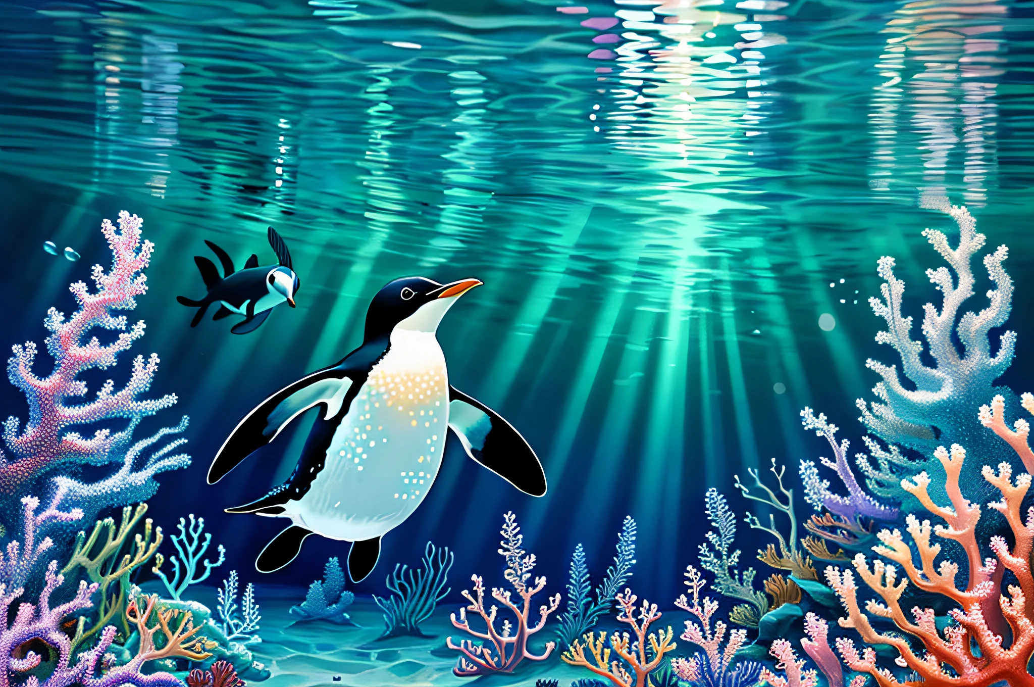 Swimming from right to left in figure, full body photo, penguin, two-headed body, underwater, sea, digital painting, round eyes, arms open, swimming, shot from the top of the penguin's back, face facing the direction of swimming, soft light, (coral swimming tropical fish), analytical art, detailed painting, bioluminescence, iridescent, octane,
