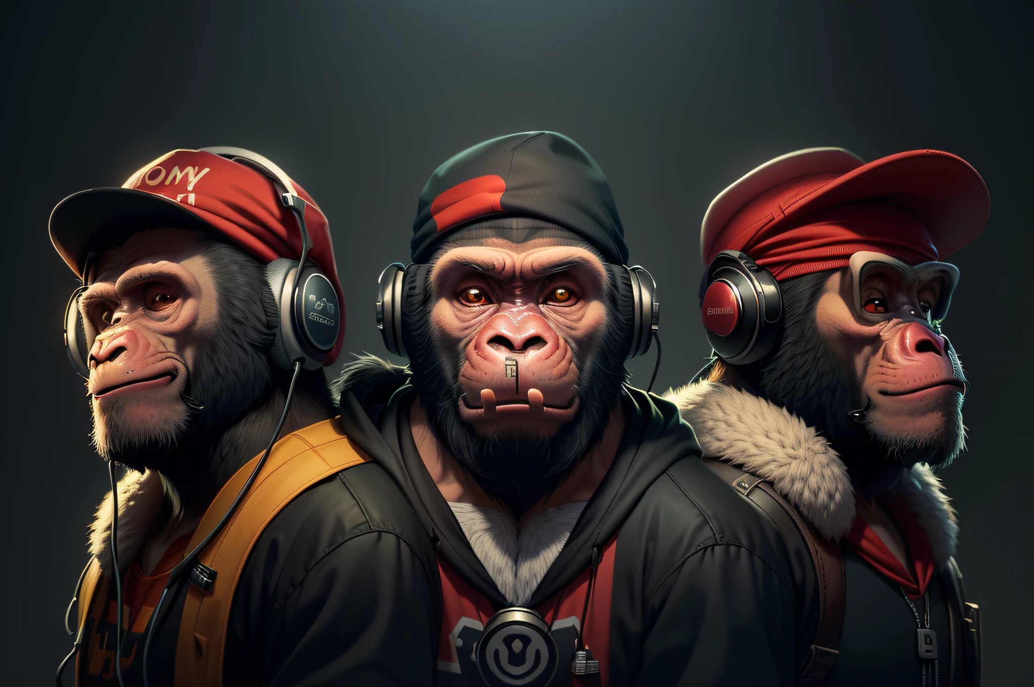 three monkeys wearing hats and bandanas with headphones on, hear no evil, by Alex Petruk APe, monkeys, inspired by Alex Petruk APe, bored ape nft, in style of primal apes, marmoset render, pc wallpaper, wojtek fus, high quality desktop wallpaper, high quality artwork, high quality wallpaper, worksafe.cgsociety