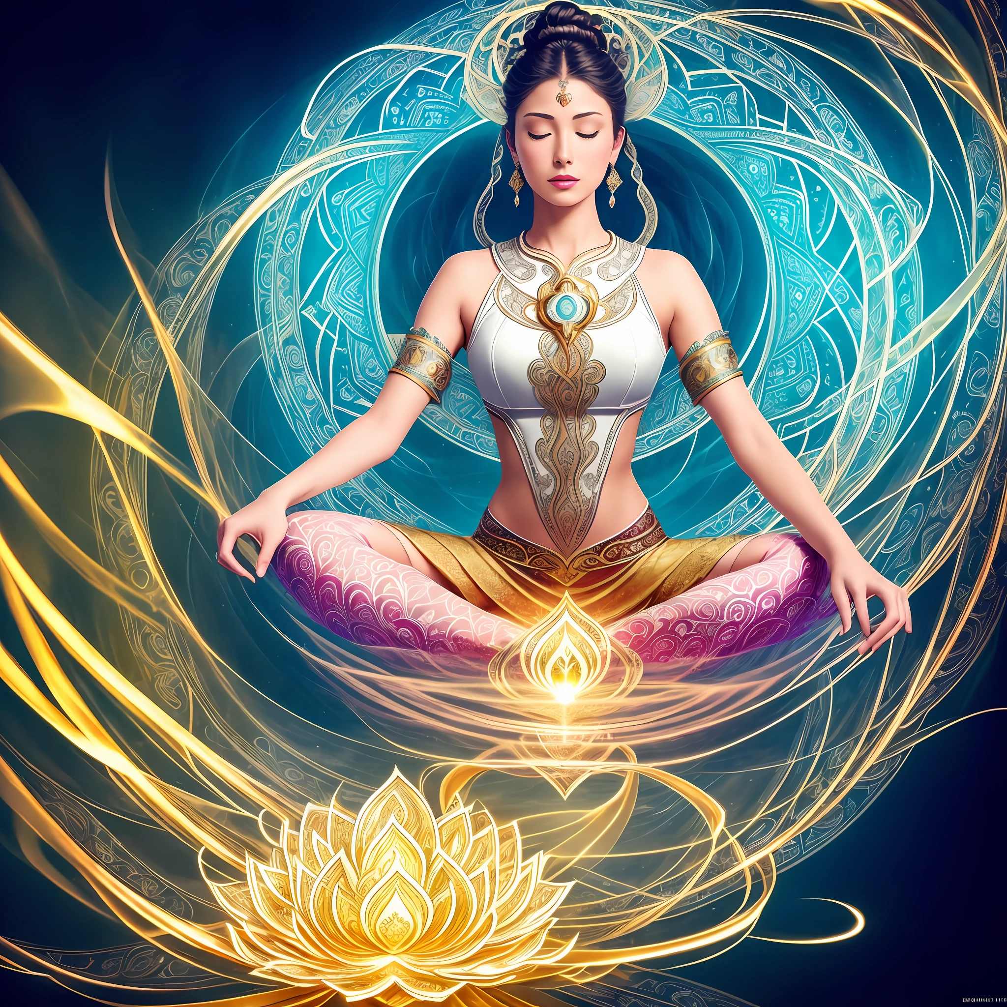 official art, unity 8k wallpaper, ultra detailed, beautiful and aesthetic, masterpiece, best quality, (zentangle, mandala, tangle, entangle), (fractal art:1.3) , light painting, vibrant colors, captivating patterns, creative experimentation,
(1woman:1.2),solo,45 y.o,(Guanyin Bodhisattva:1.1), full body (White silk attire:1.2), Intricate adornments,(halo background:1.1), Front-facing,(style-swirlmagic:1.0),white color scheme, casting a spell, closed eyes, sparks, surrounded by yellow lightning, casting spell, ([Cyberpunk fusion|Chinese Mythical fantasy]:1.1) , reflections, puddle, (cross-legged),(Sitting  on a lotus:1.1), , movie-like lighting, ethereal portrait, (thick melting magic:0.8), yellow arcane symbols,  bloom,torino aqua,