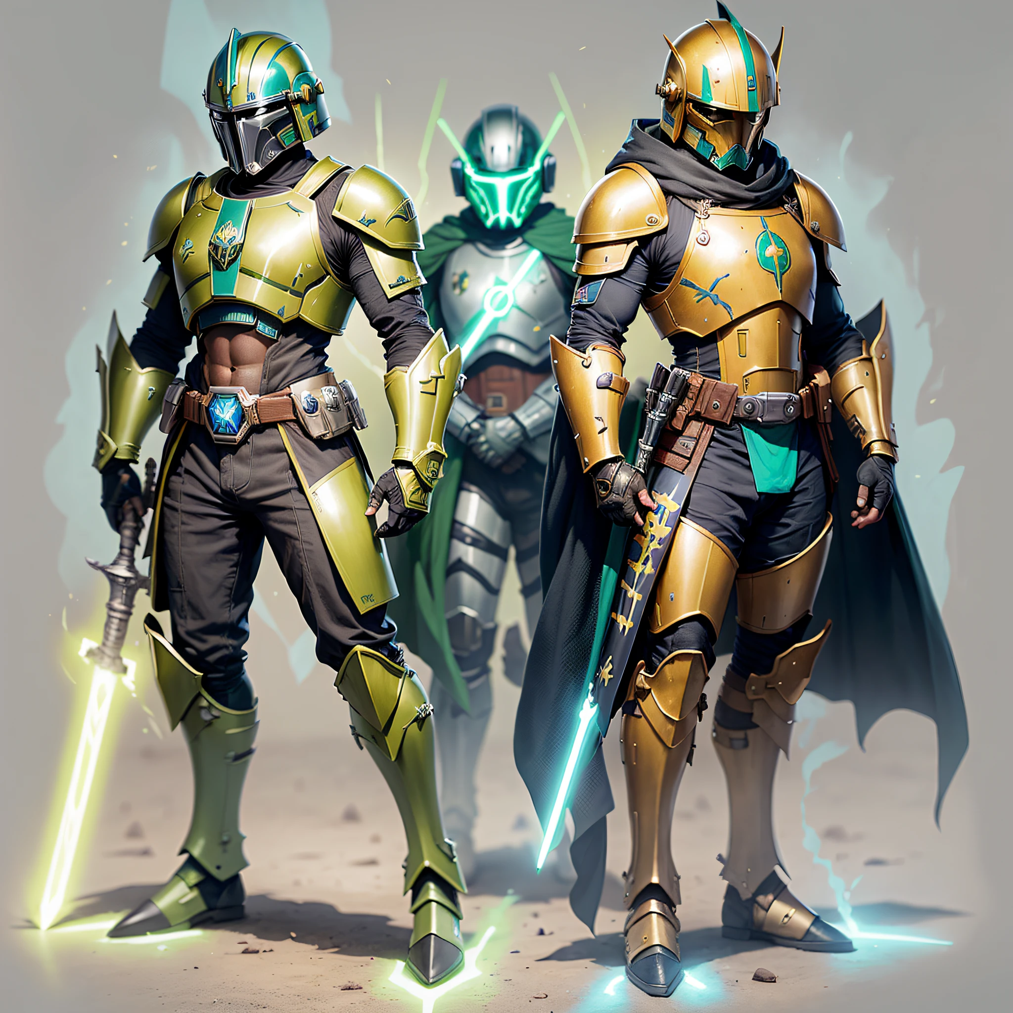 3 Mandalorians, bobafet with armor in green, yellow and blue color flag of Brazil, black and gold. shield and sword lightsaber ninja,high resolution,best quality,iron armor. --auto --s2