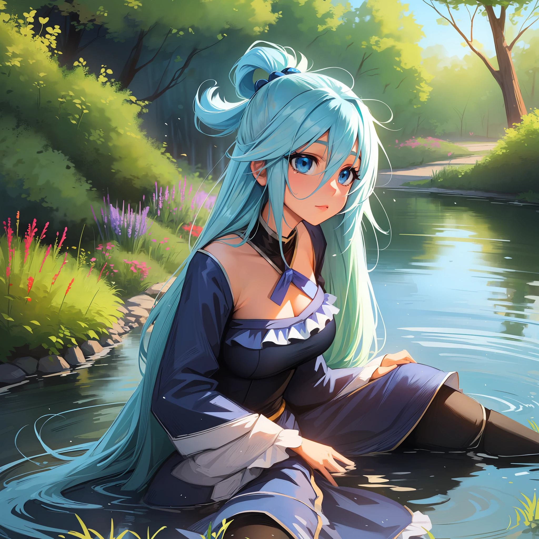 1 Girl (Aqua Konosuba), long blue hair, blue eyes, quiet pond, wildflowers by the water, dawn, sunny --auto --s2