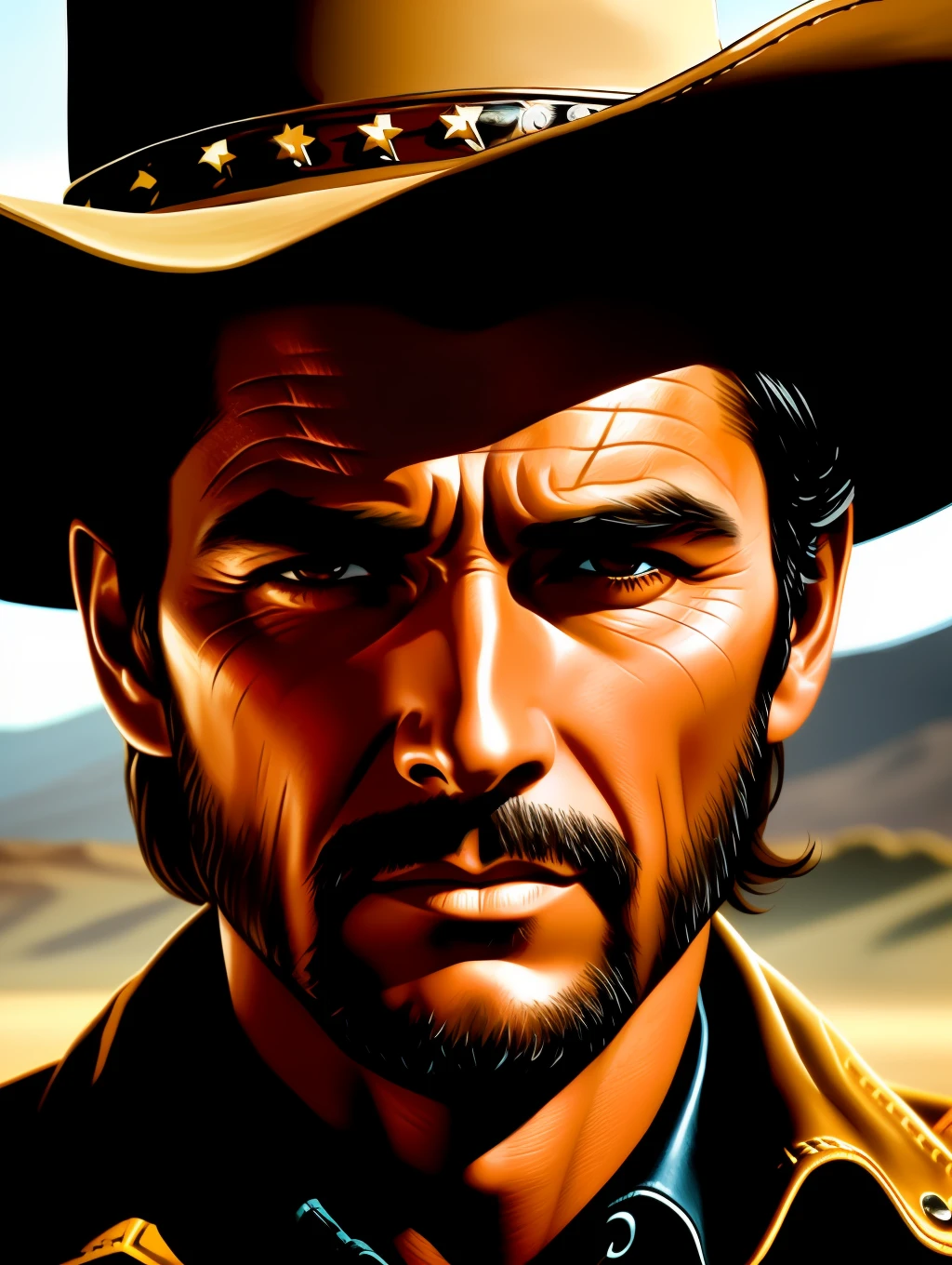 Ultra Extreme close-up to a face of a cowboy dramatic style of Frank McCarthy, iconic Western movie poster, cinematic lighting